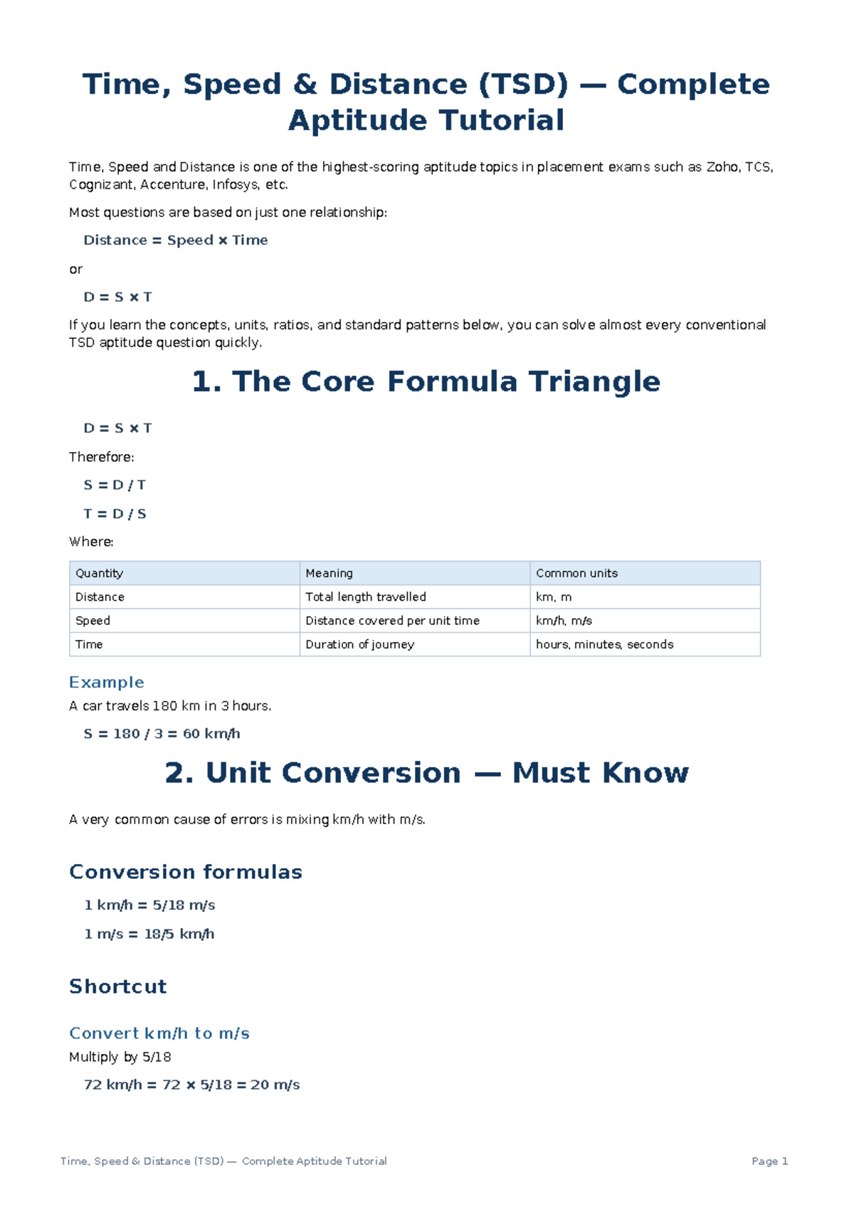 Time, Speed, and Distance (TSD) Aptitude Guide - CJDJC - Studocu