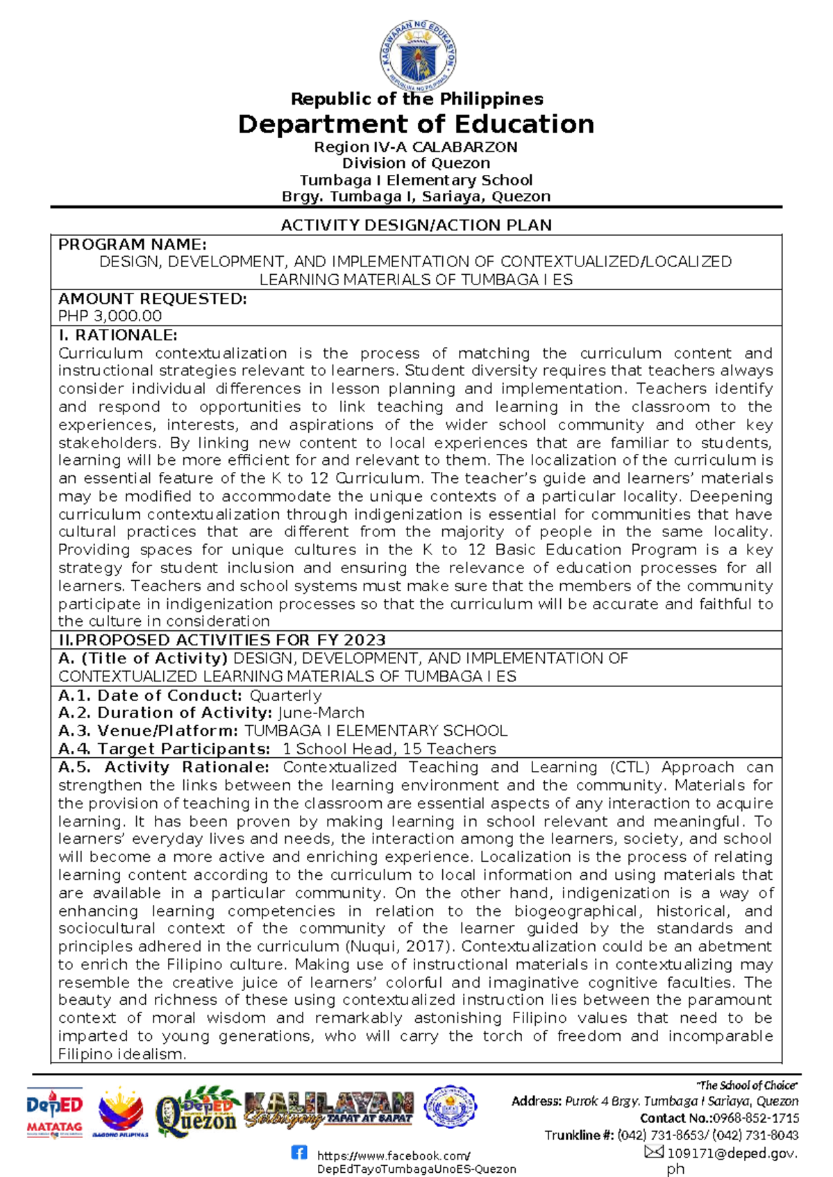 Activity Plan: Design & Implementation of Contextualized Learning ...