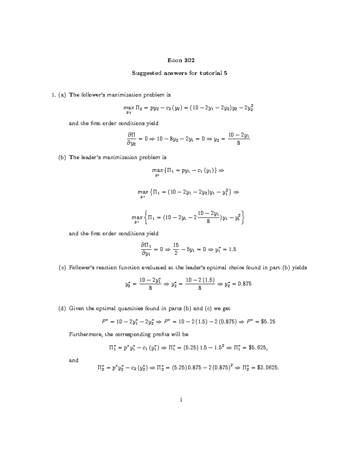 Econ 302 Tutorial 5 Suggested Answers and Analysis - Studocu