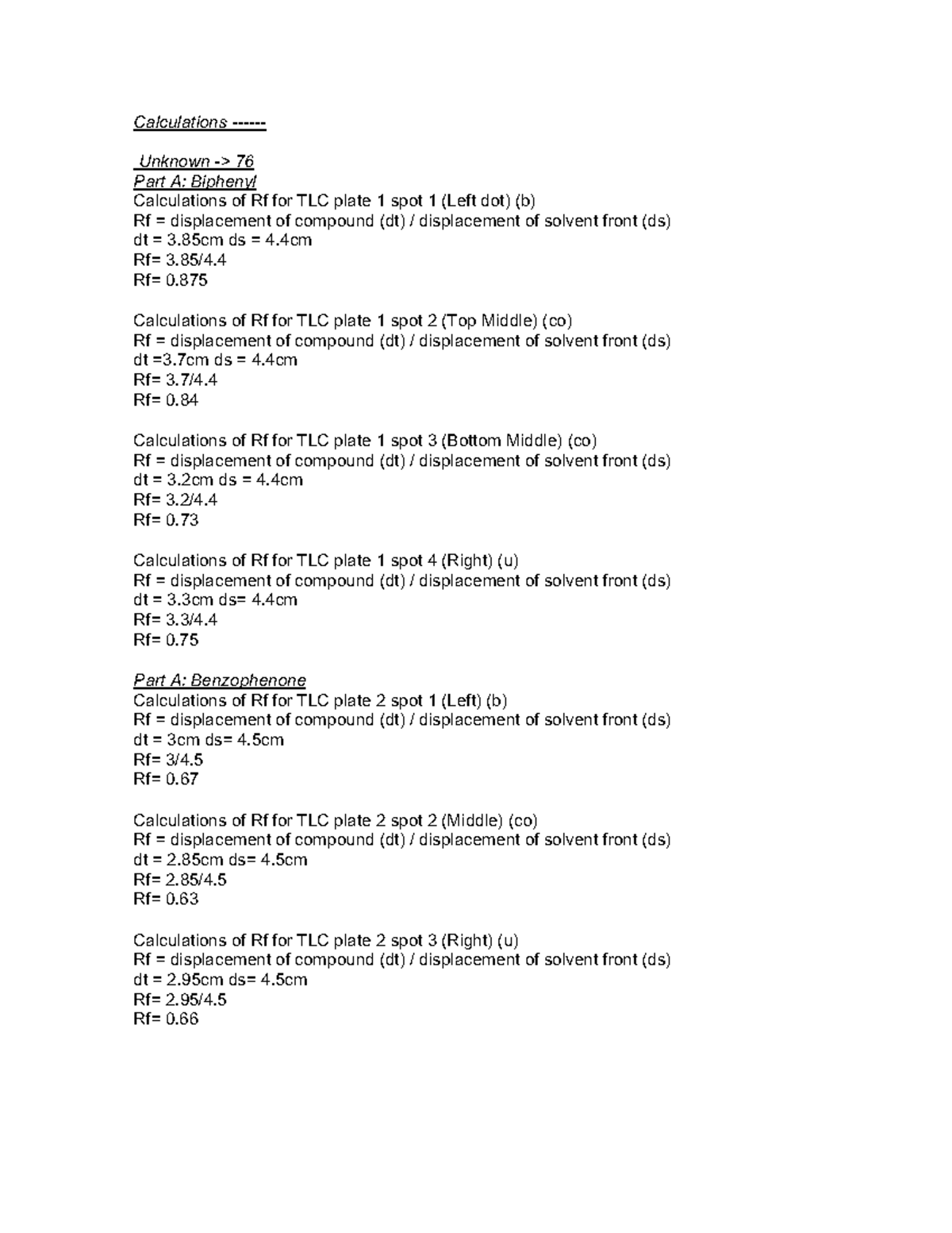 Calculations of Rf Values for TLC Plates - Chem 76 - Studocu