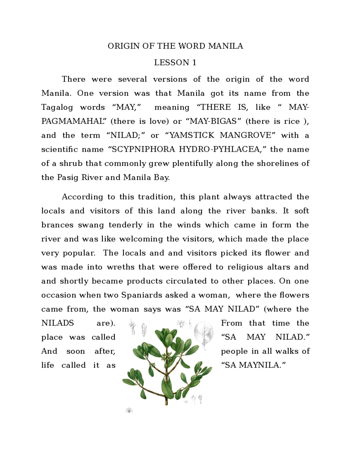 Manila Studies Lesson 1: Origin of the Name and Plant Comparisons - Studocu