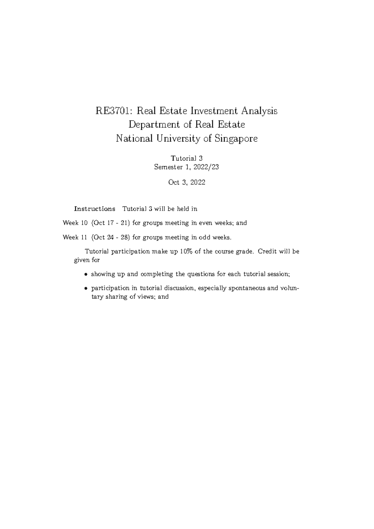 RE3701: Real Estate Investment Analysis Tutorial 3 Instructions and  Questions - Studocu