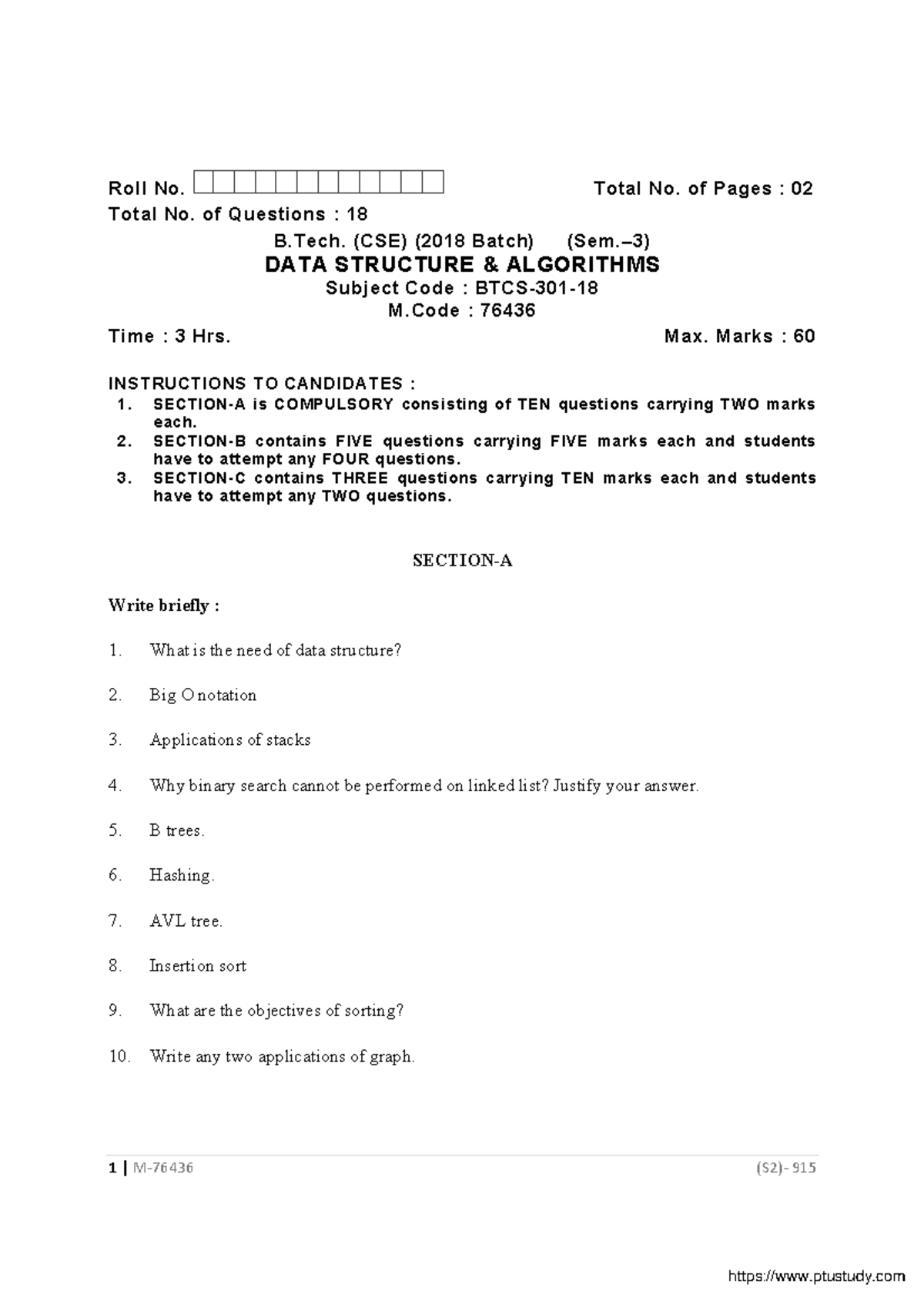 Data Structures & Algorithms Exam (B.Tech CSE 76436) - Dec 2020 - Studocu