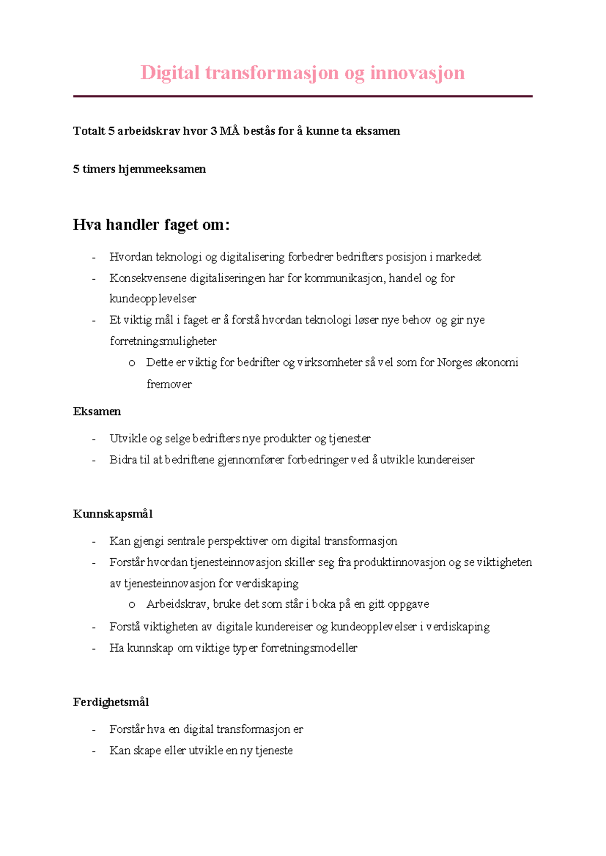 Digital Transformasjon og Innovasjon: Eksamen og Arbeidskrav - Studocu