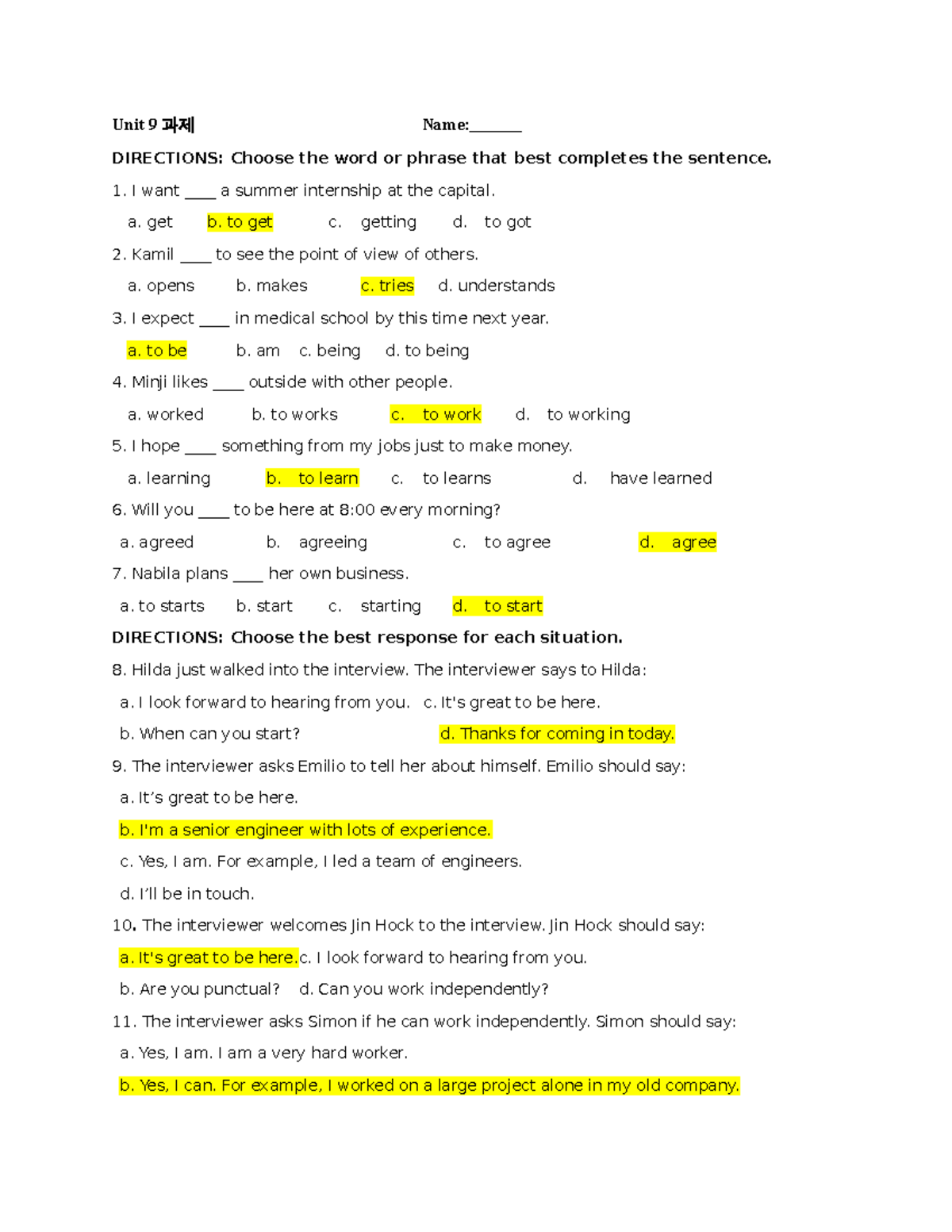 Unit 9 과제 Answer Key - Unit 9 과제 Name: DIRECTIONS: Choose the word or ...