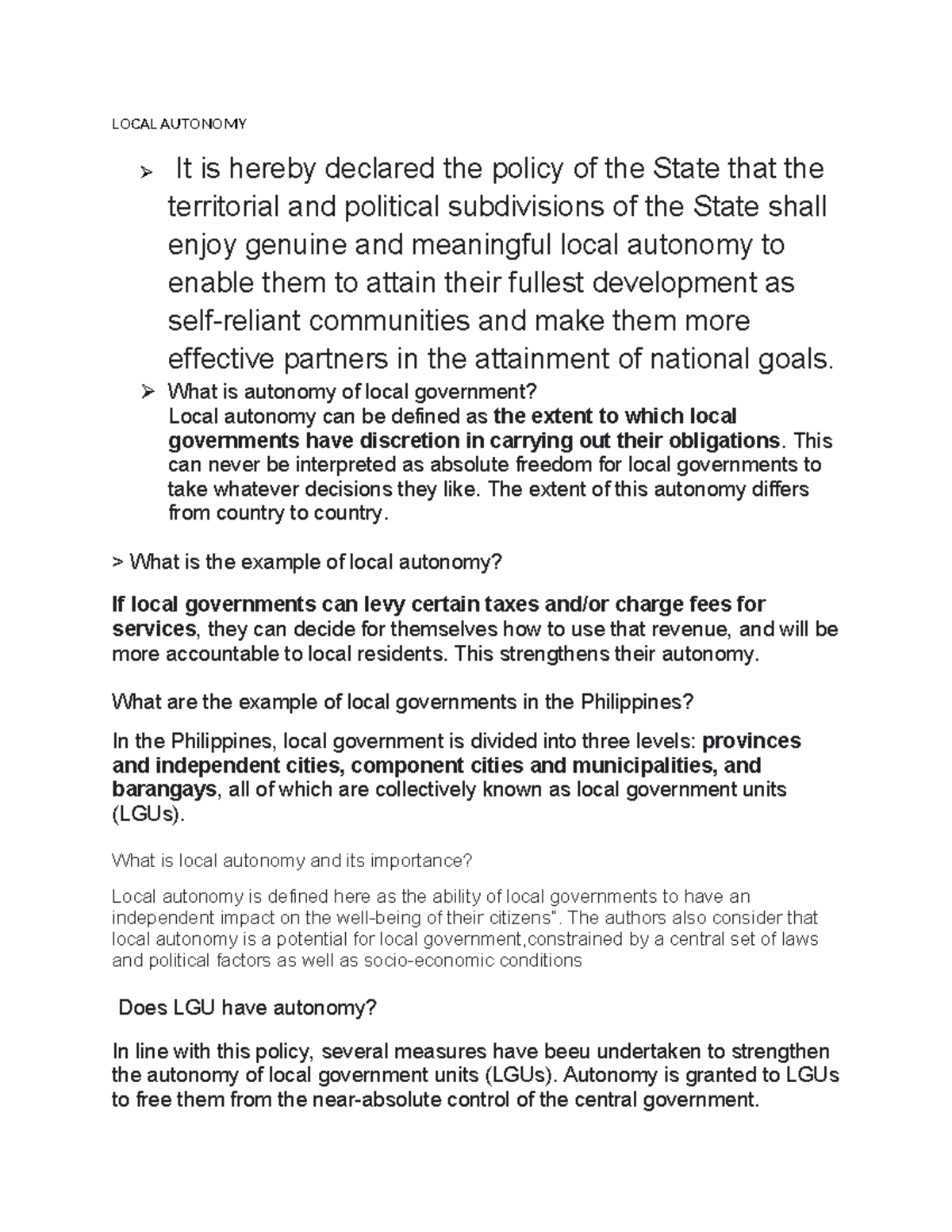 Local Autonomy in Philippine Local Governments - Pub Adm Report - Studocu