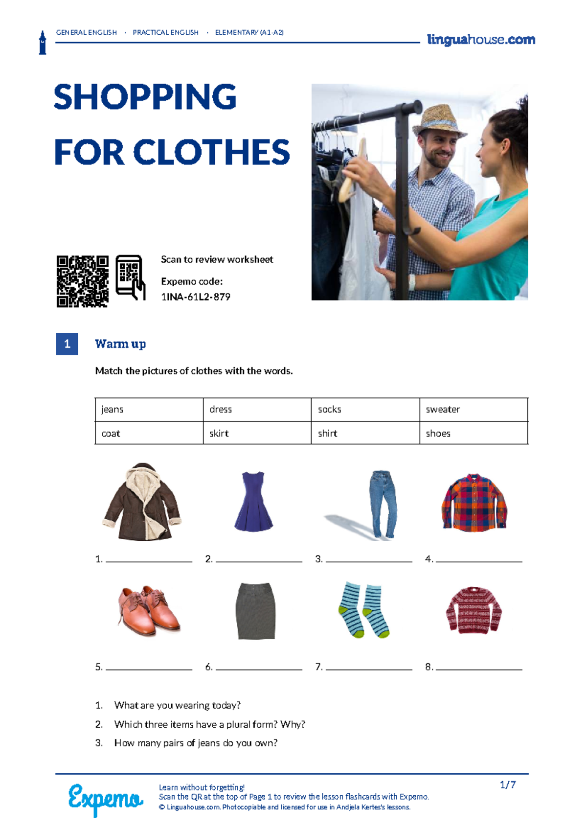 ELEMENTARY ENGLISH A1/A2: SHOPPING FOR CLOTHES WORKSHEET - Studocu