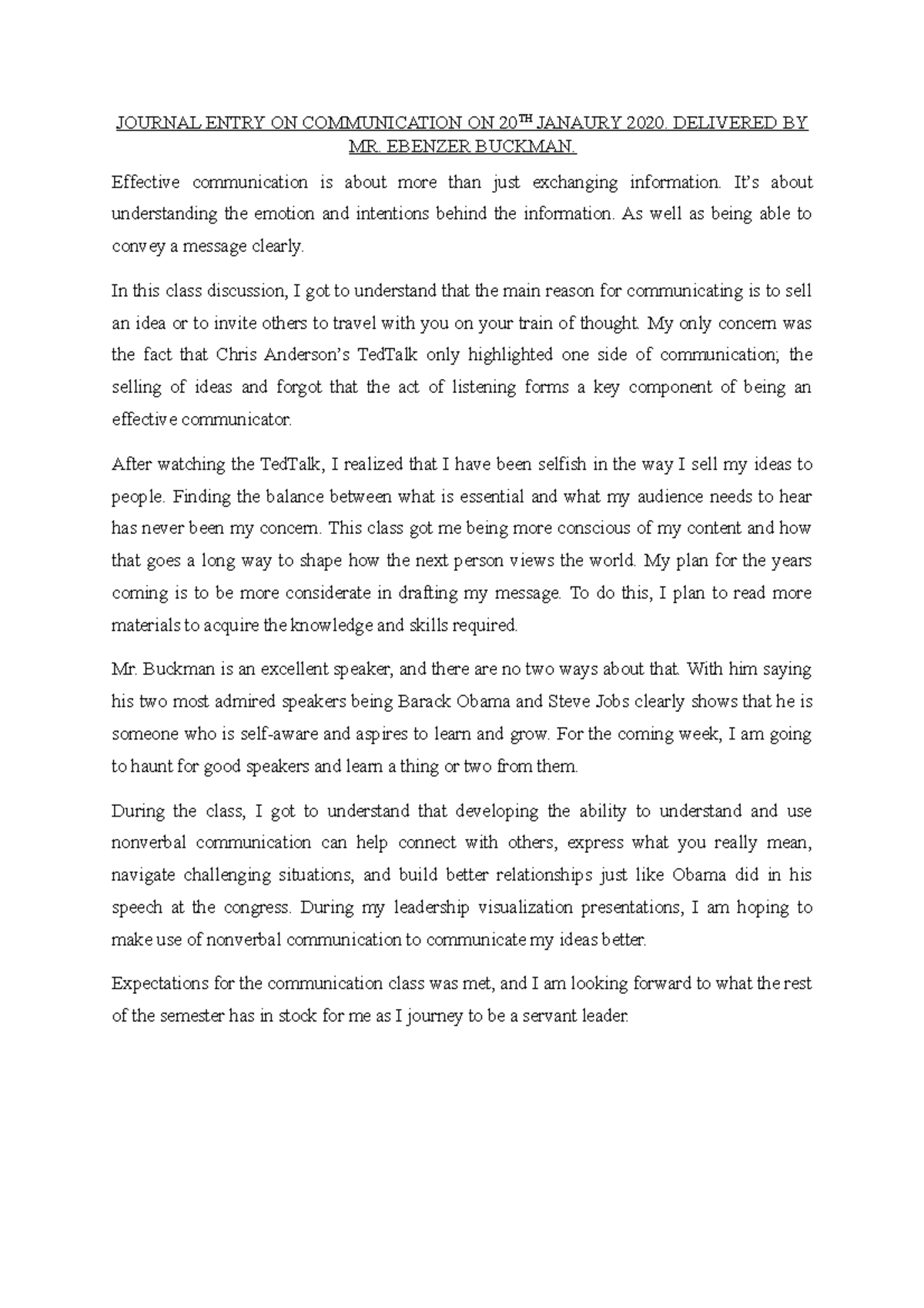 Journal 2 - Grade: A - JOURNAL ENTRY ON COMMUNICATION ON 20 TH JANAURY ...