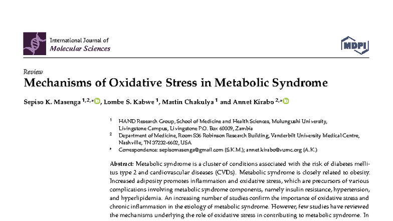 Mechanisms of Oxidative Stress in Metabolic Syndrome (INT. J. MOL. SCI ...