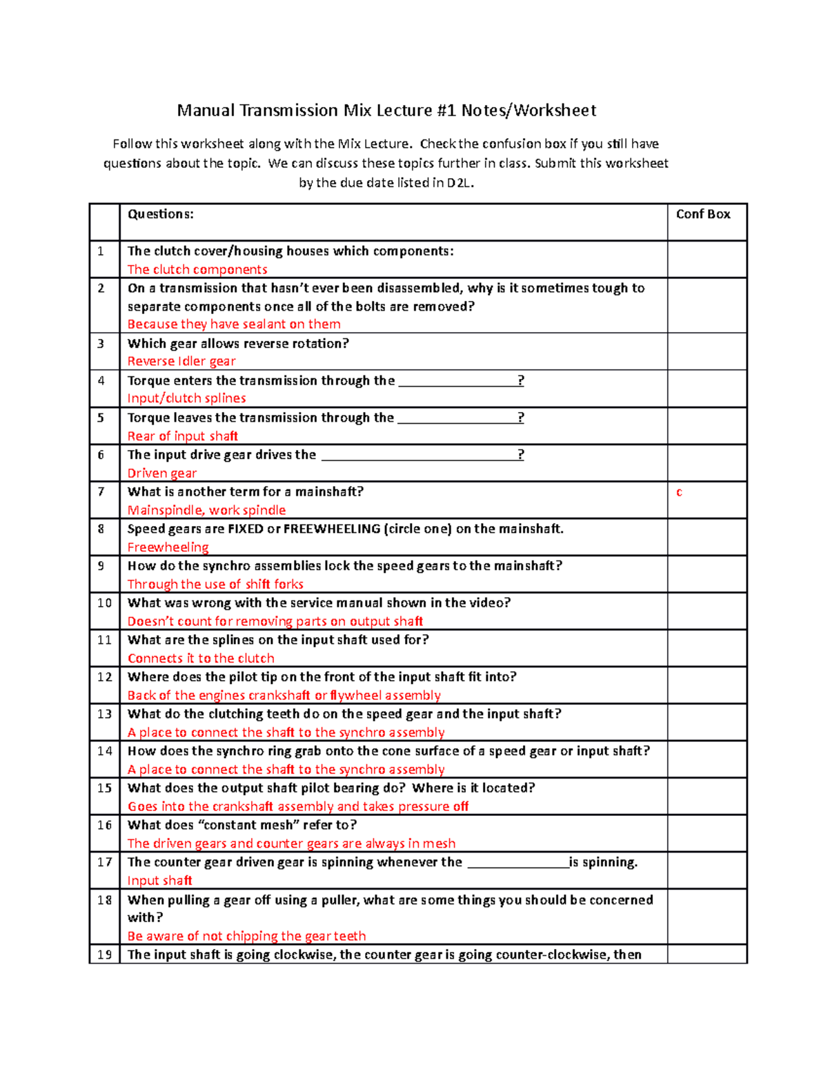 Manual Trans Mix Lecture One Worksheet - Manual Transmission Mix ...