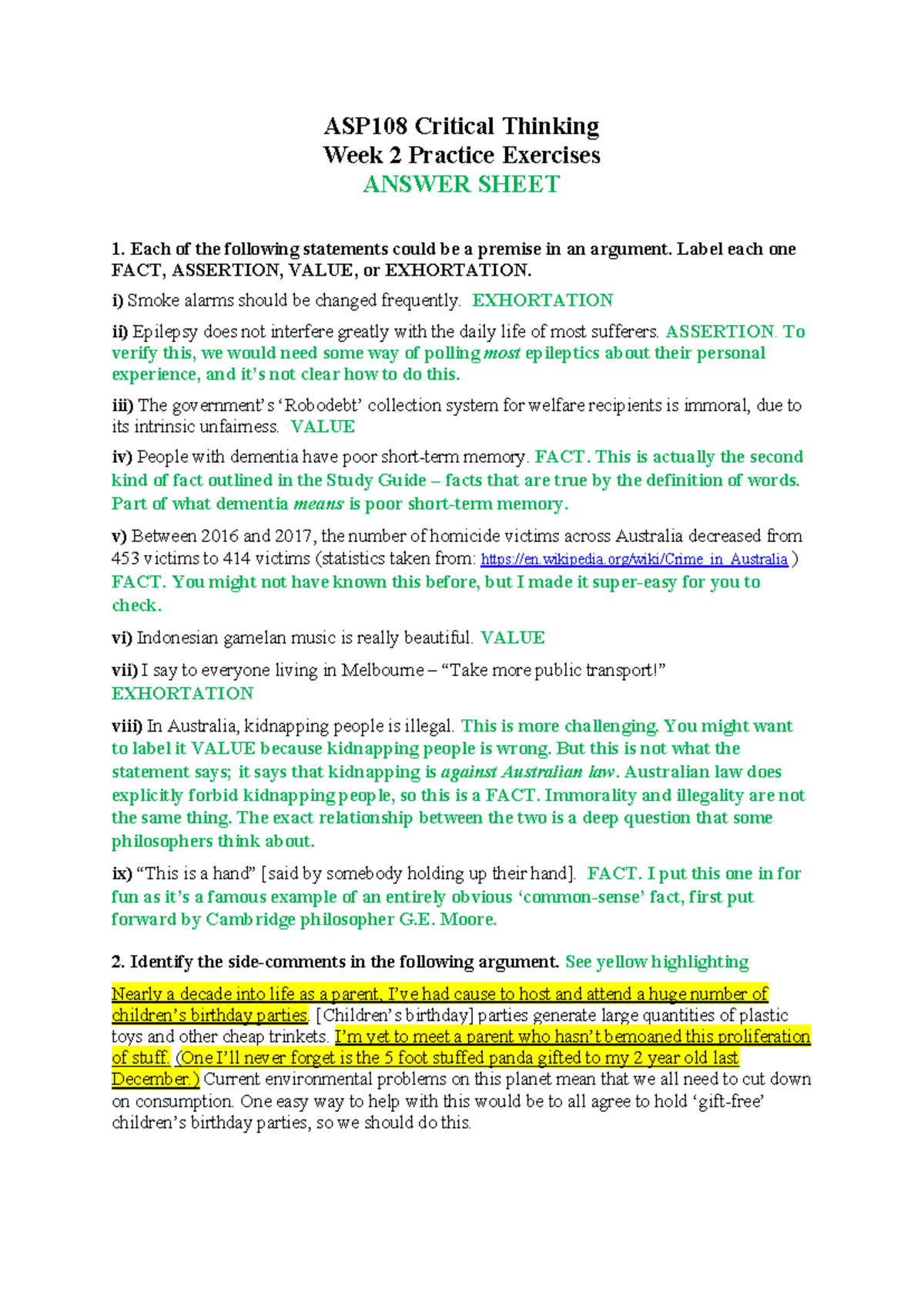 ASP108 Critical Thinking Week 2 Practice Exercises - ANSWER SHEET - Studocu