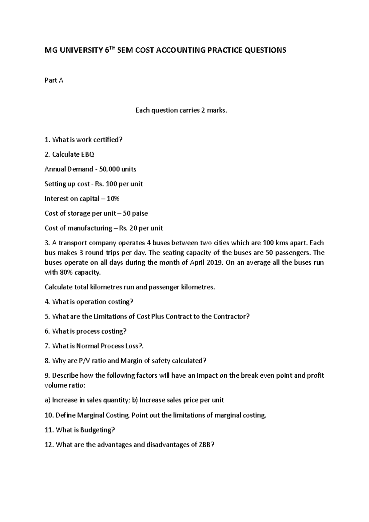 MG University 6th Sem Cost Accounting Practice Questions for Exams ...