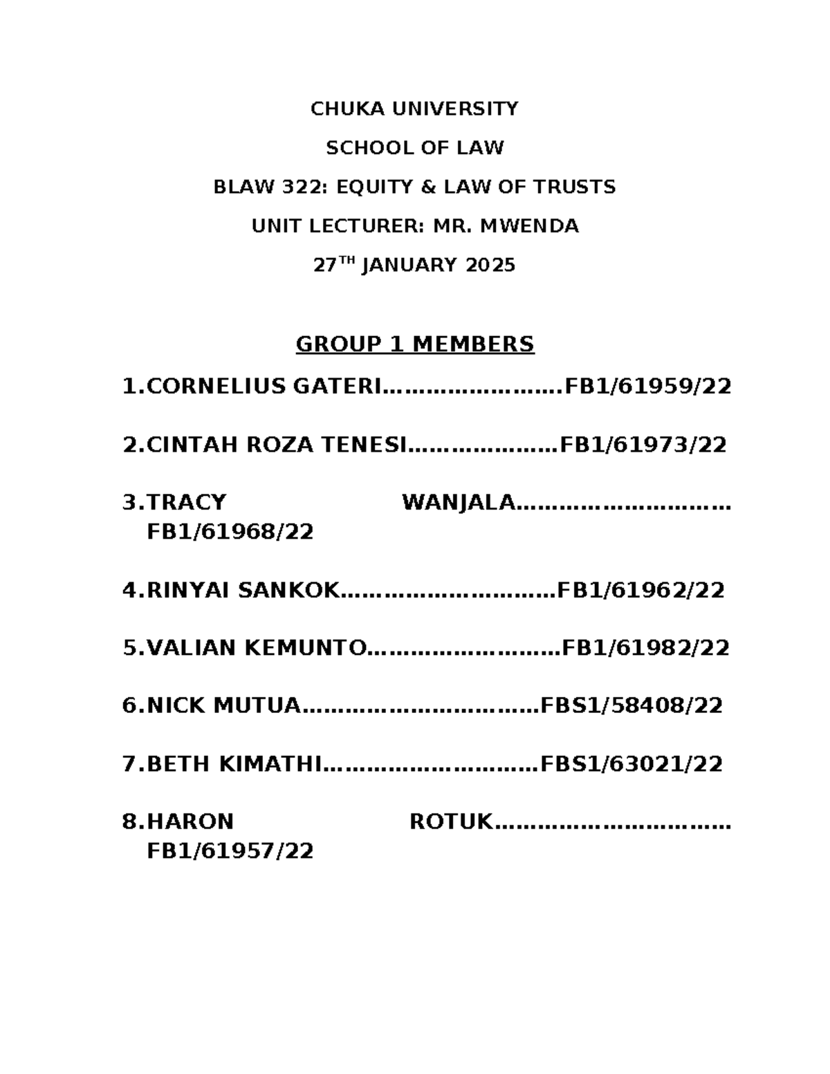 Introduction to Equity - CHUKA UNIVERSITY SCHOOL OF LAW BLAW 322 ...