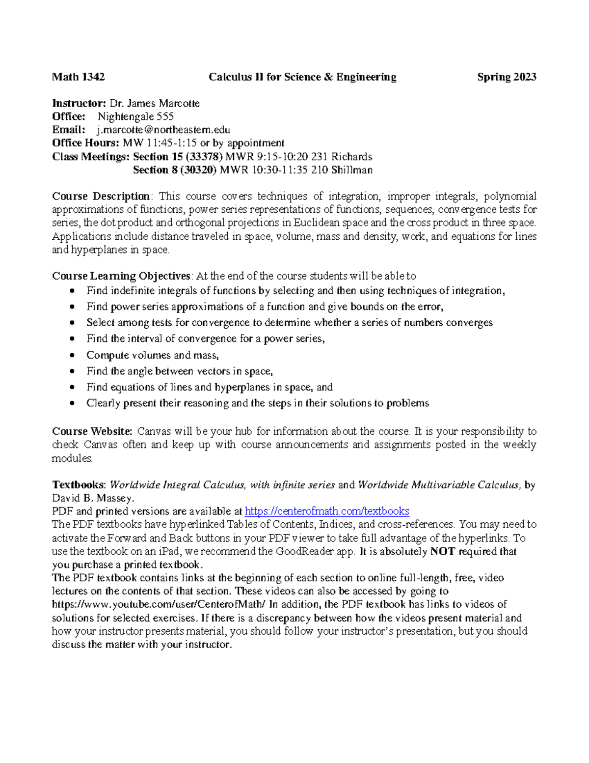 MATH 1342 Syllabus: Calculus II for Science & Engineering Spring 2023 ...