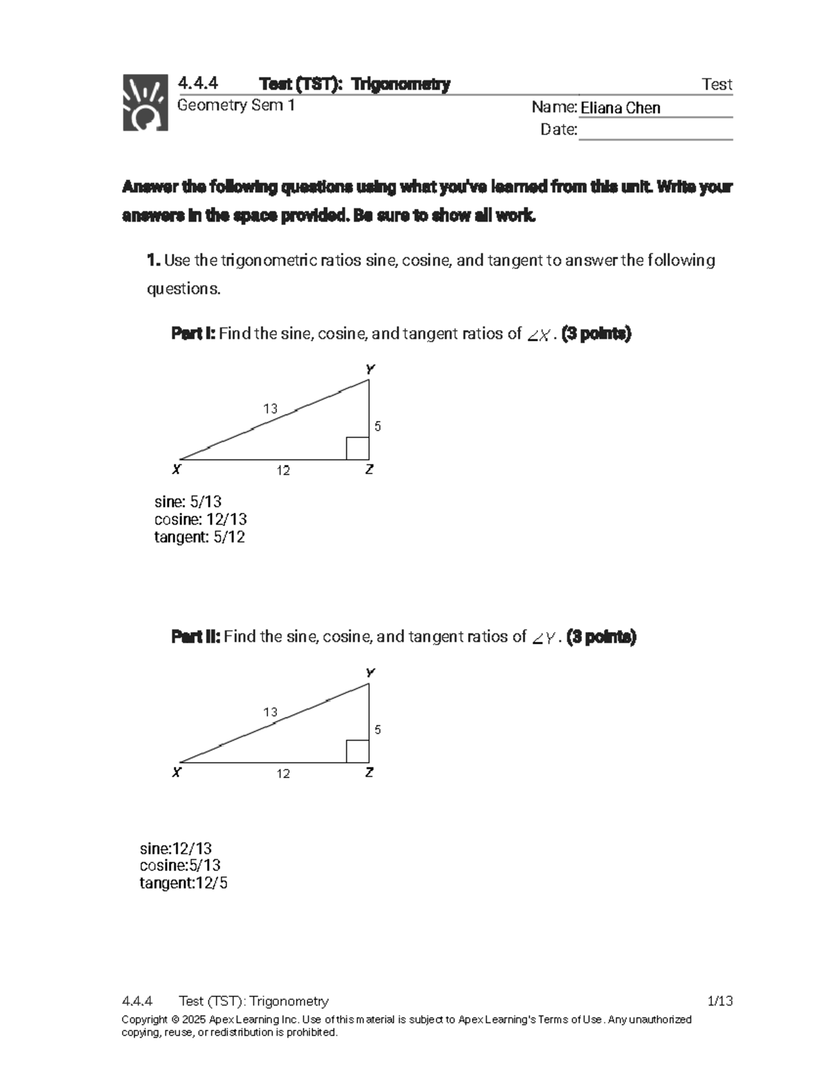 4.4.4 Test (TST): Trigonometry - Comprehensive Exam Review - Studocu
