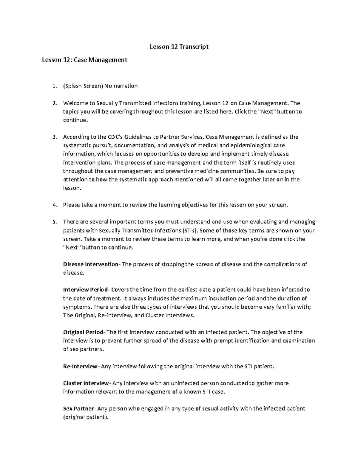 Case Management for STIs - Lesson 12 Overview and Key Concepts - Studocu