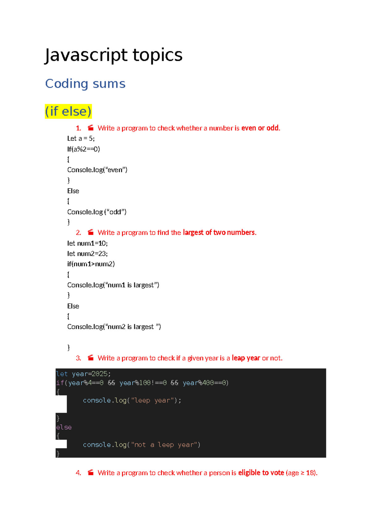 JavaScript Coding Sums & Logical Questions (JS 101) - Studocu