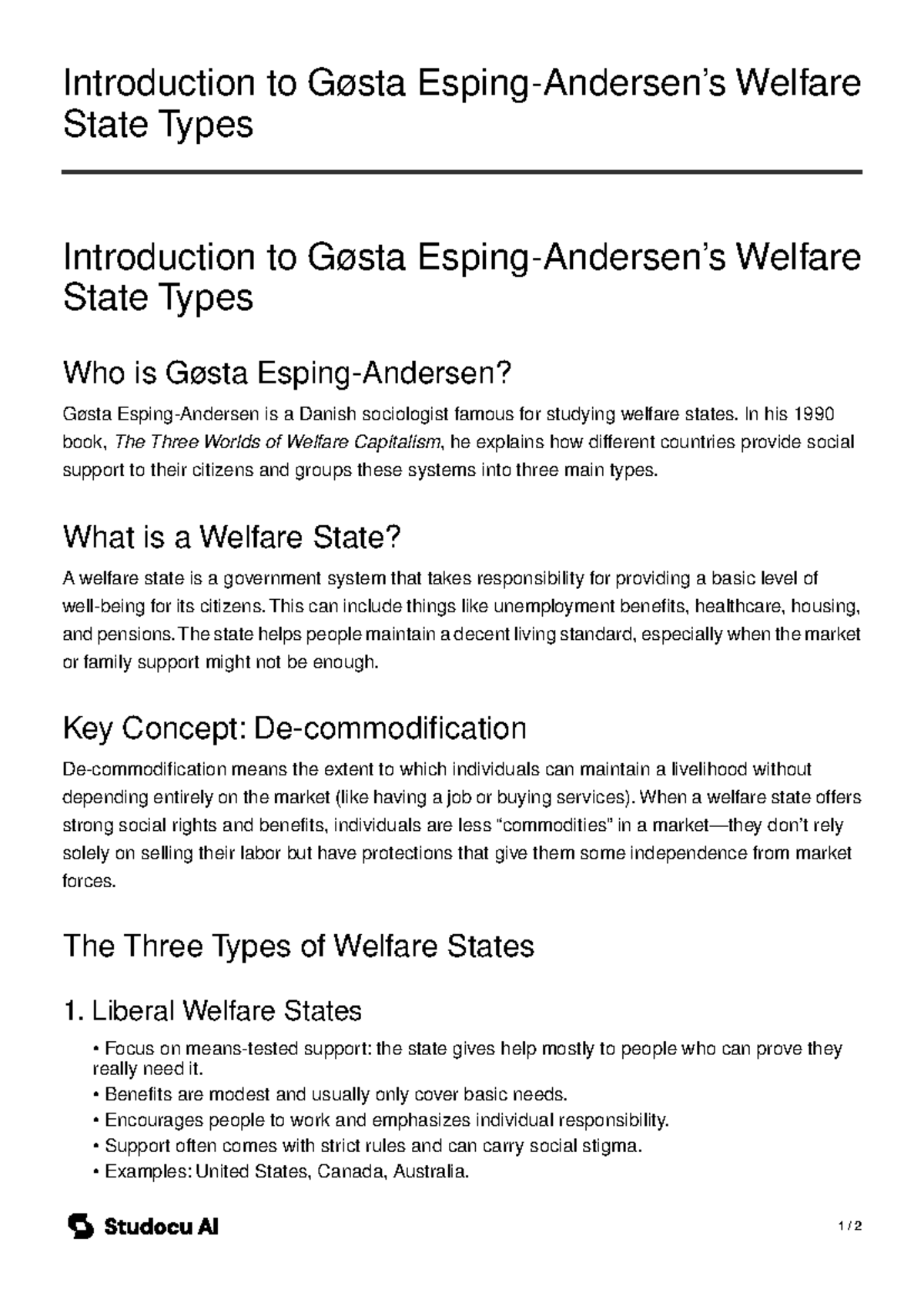 Introduction to Gøsta Esping-Andersen's Welfare State Types - Studocu