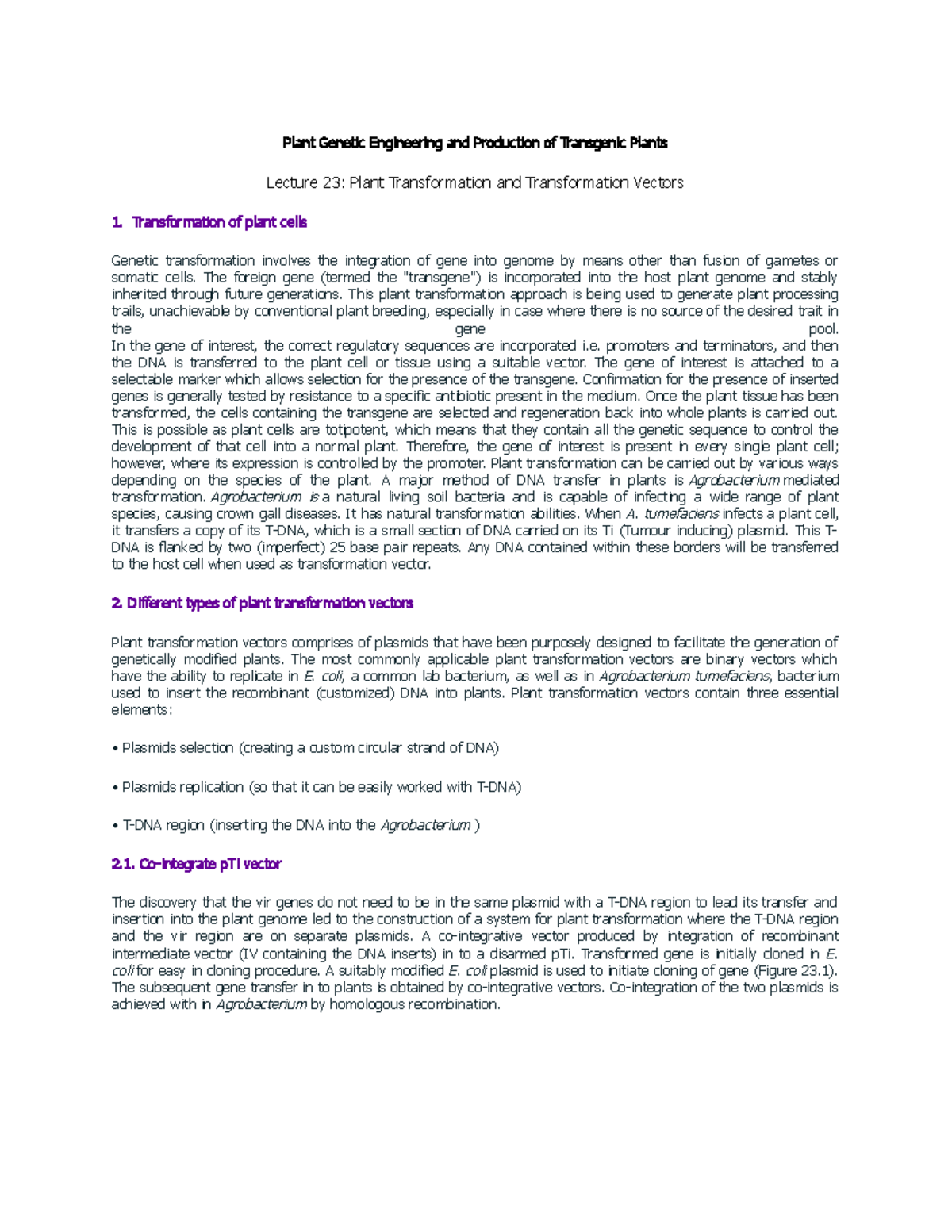 Lecture 23: Plant Transformation & Vectors for Genetic Engineering ...