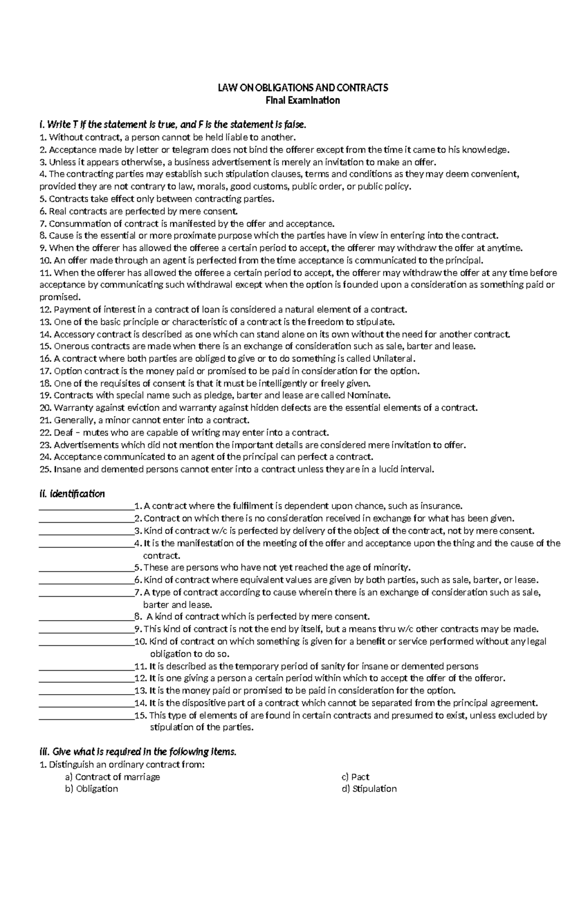 Final Exam - exam - LAW ON OBLIGATIONS AND CONTRACTS Final Examination ...
