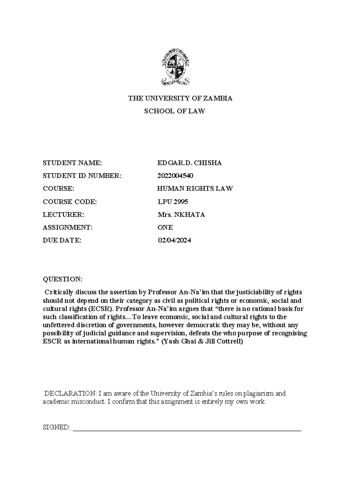 Human rights assignment - THE UNIVERSITY OF ZAMBIA SCHOOL OF LAW ...