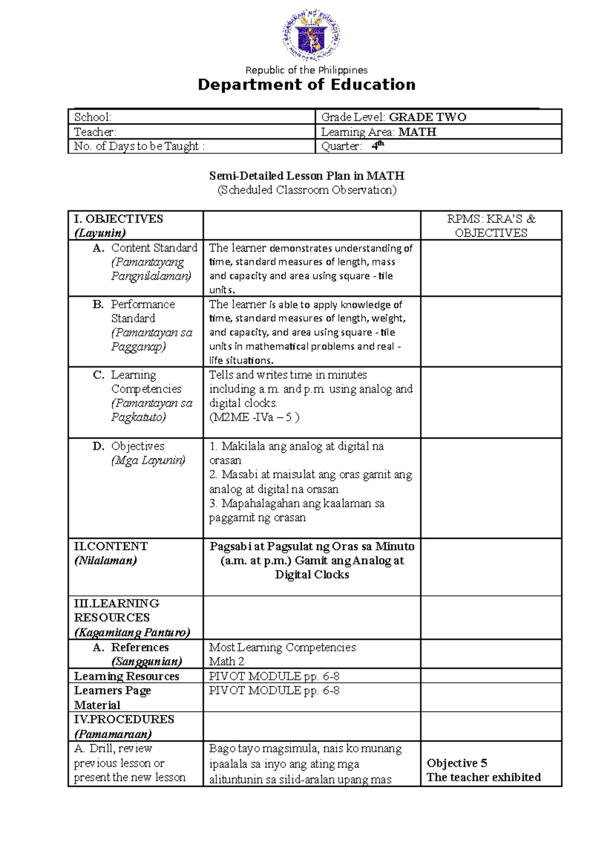 MATH2 Q4 Semi-Detailed Lesson Plan on Time Measurement for Grade 2 ...