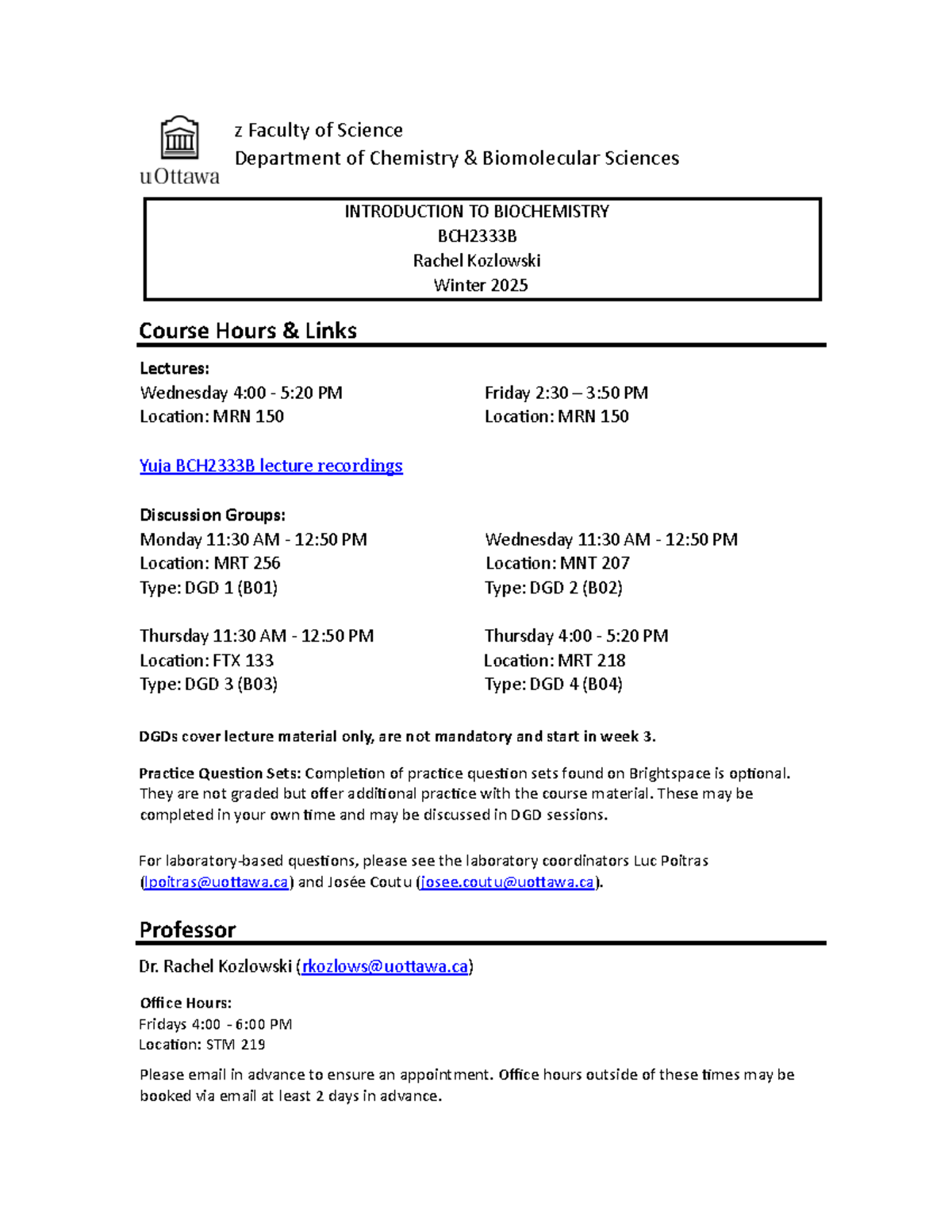 BCH2333B Biochemistry Course Syllabus for Winter 2025 - Studocu