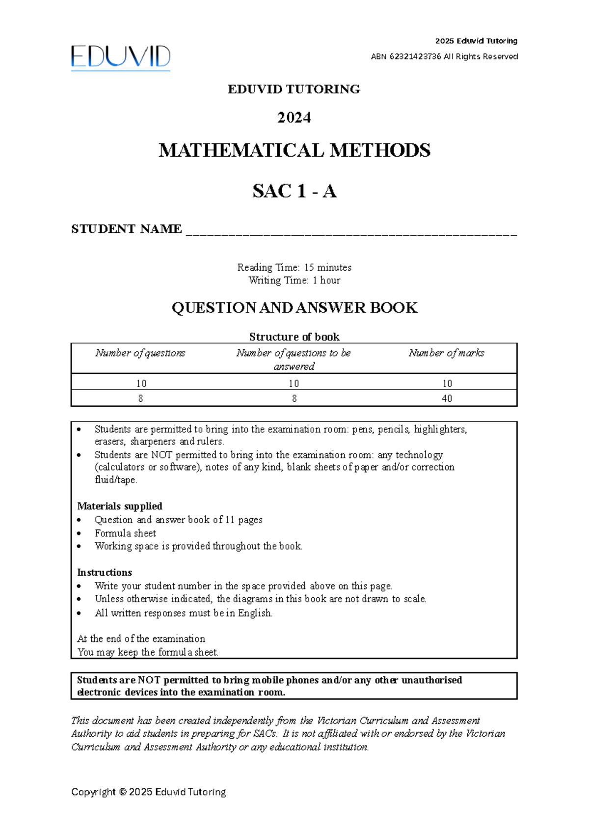 Methods practise sac - Unit 3 revision - ABN 62321423736 All Rights ...