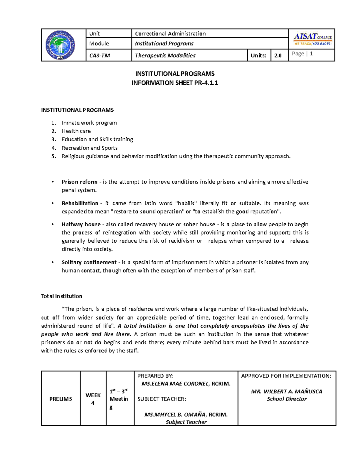 Module 4-CA3-TM: Correctional Administration & Therapeutic Modalities ...