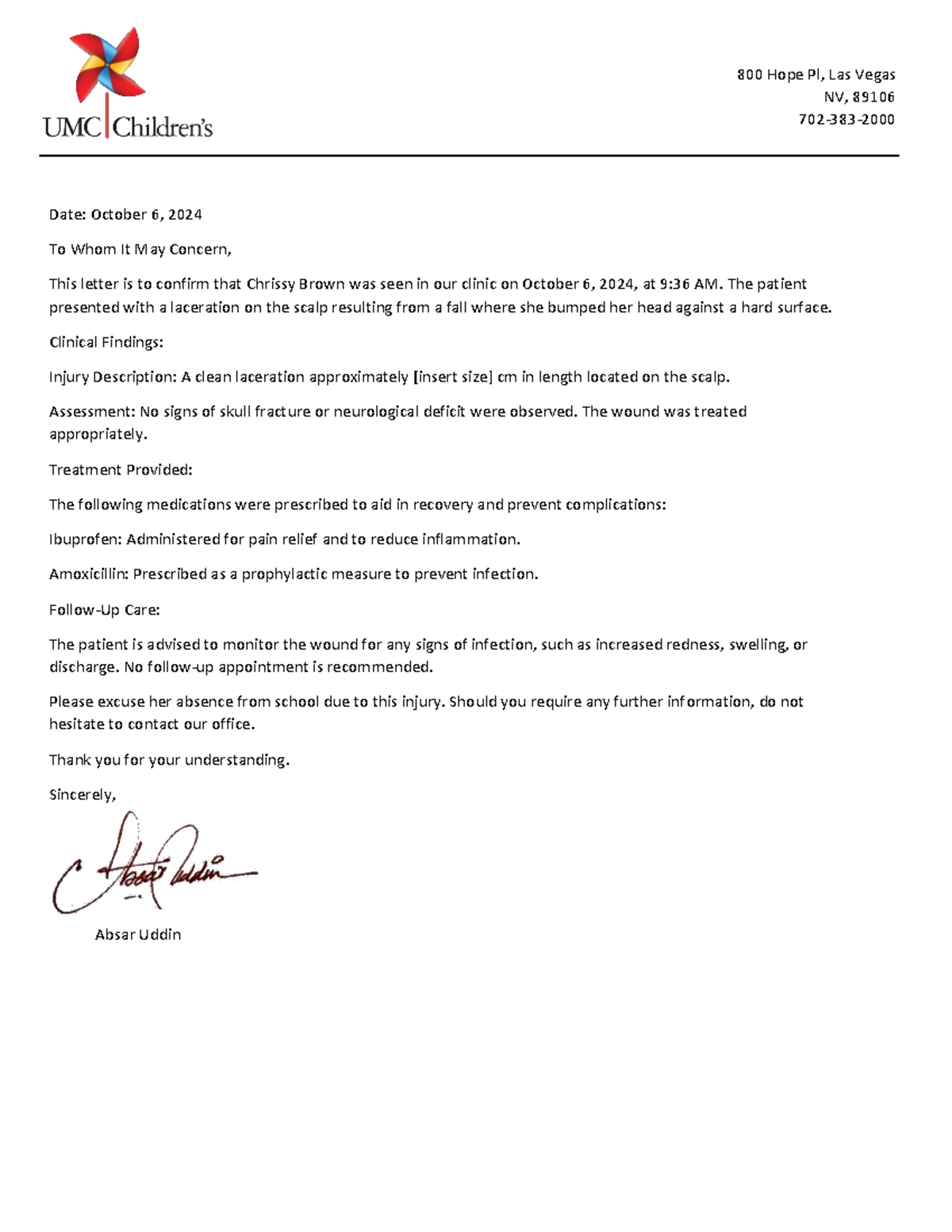 CMU Final Exam - Doctor's Note for Chrissy Brown's Injury - Studocu