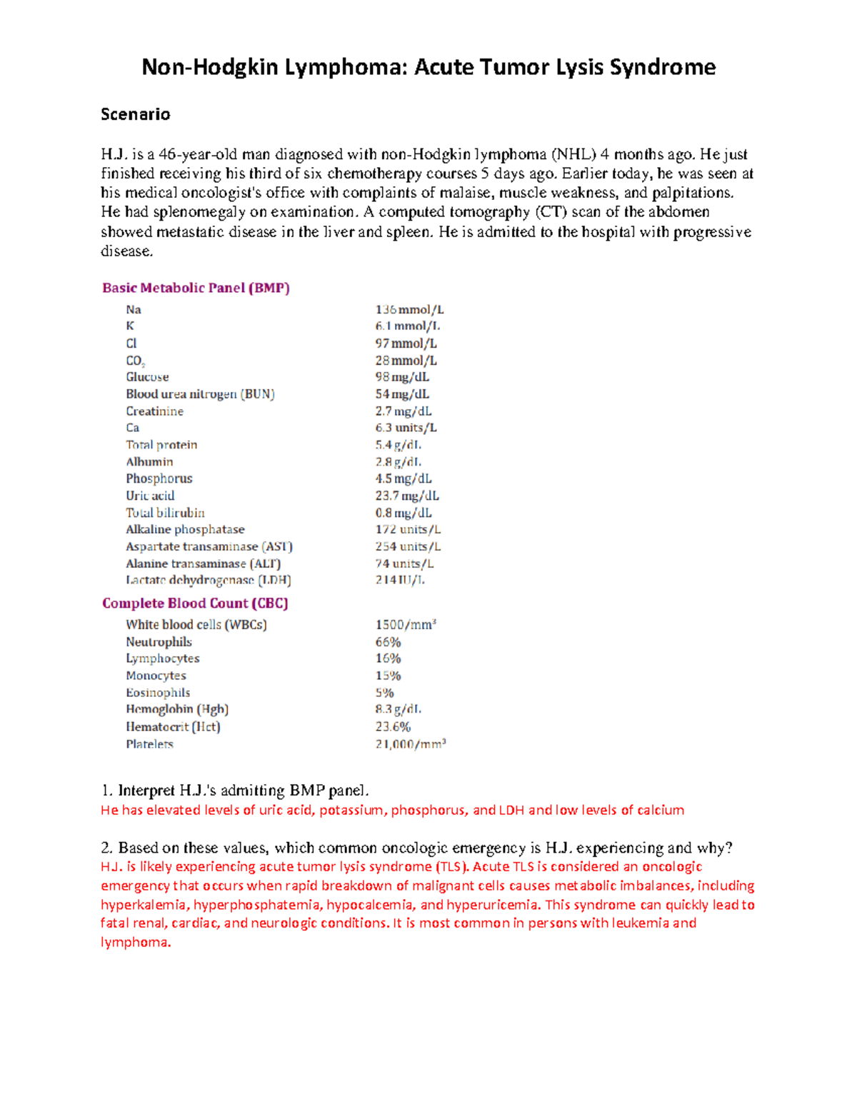 NHL Acute Tumor Lysis Syndrome Case Study Analysis - Studocu