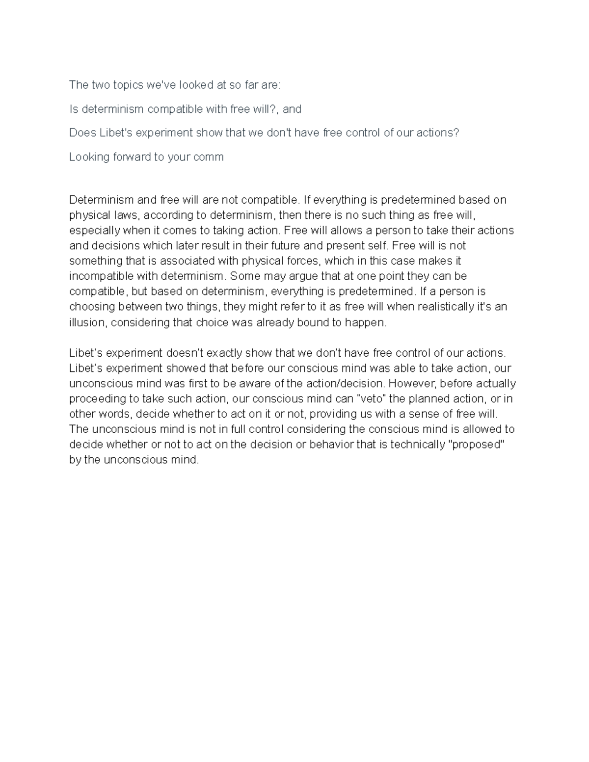 PHIL 101: Essay on Determinism and Free Will Compatibility - Studocu