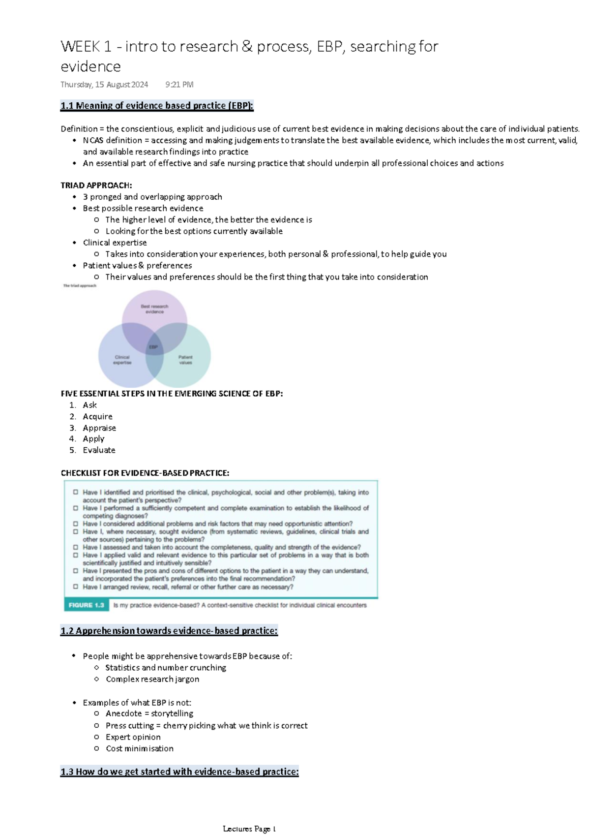 NURS1042 Lecture Notes on Evidence-Based Practice and Research - Studocu