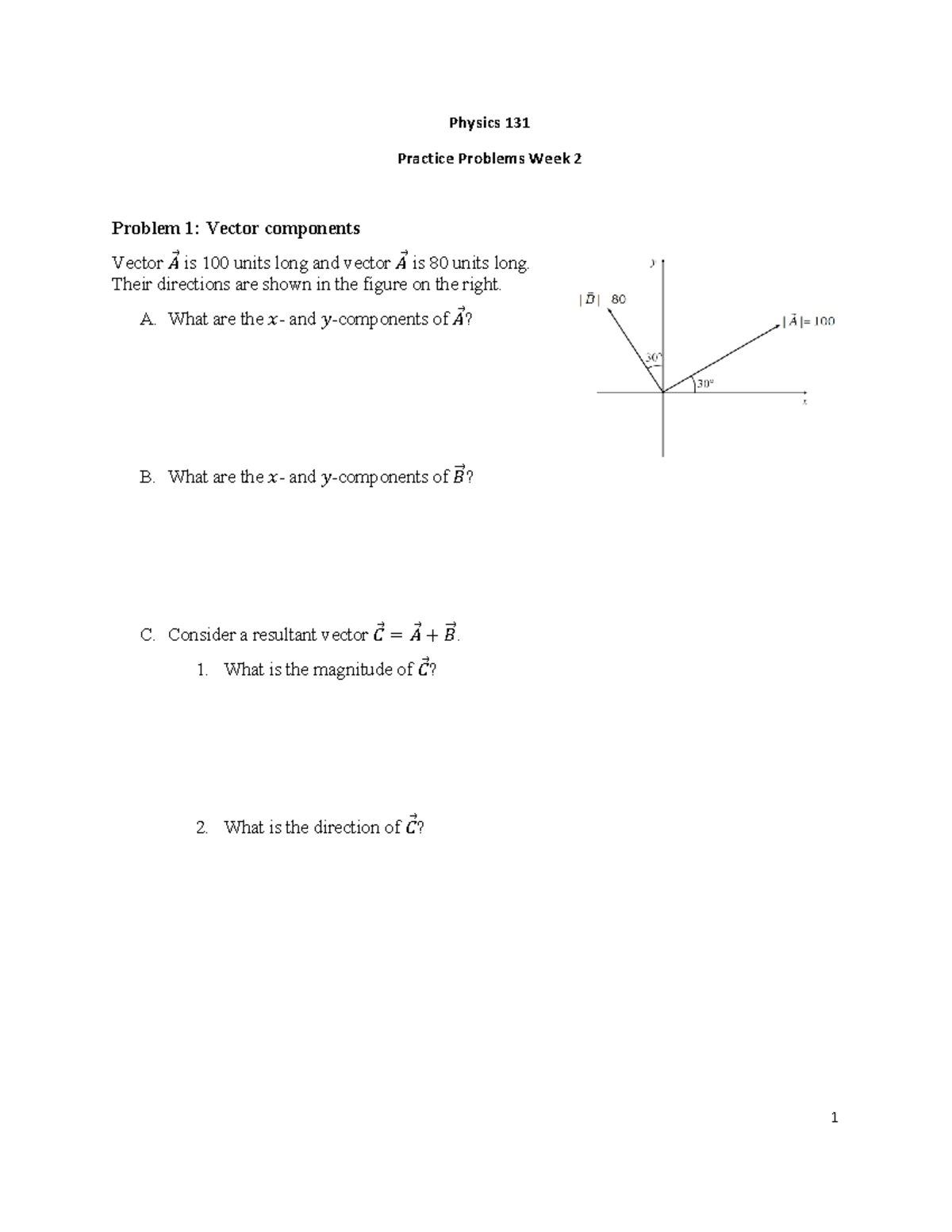 Physics 131: Practice Problems on Vector Components and Motion ...