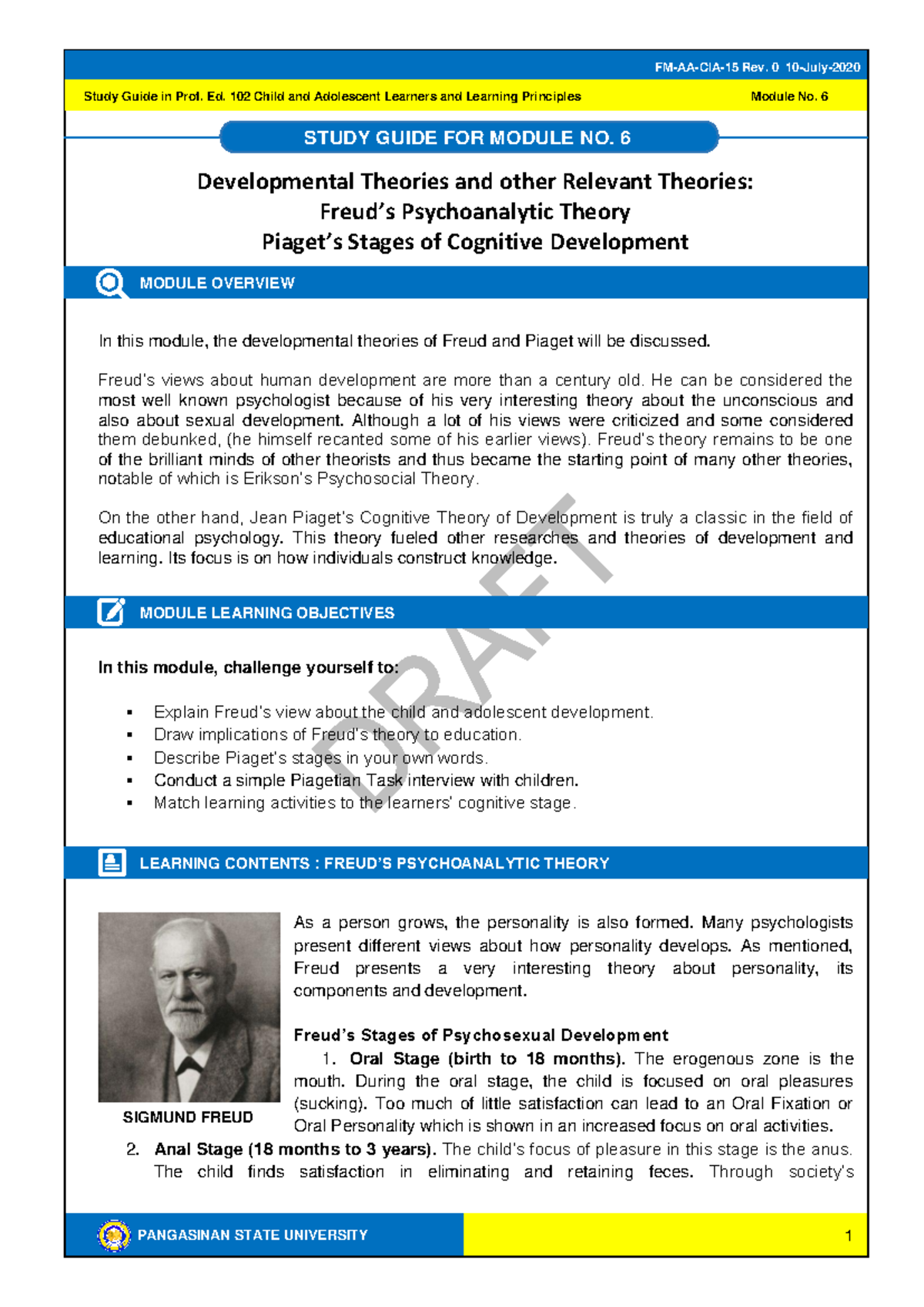 PROF ED 102 Study Guide 6: Developmental Theories of Freud & Piaget ...