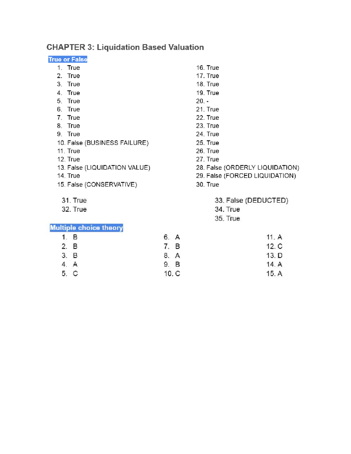C3: Liquidation Based Valuation True/False & MC Answers for Samuel Co ...