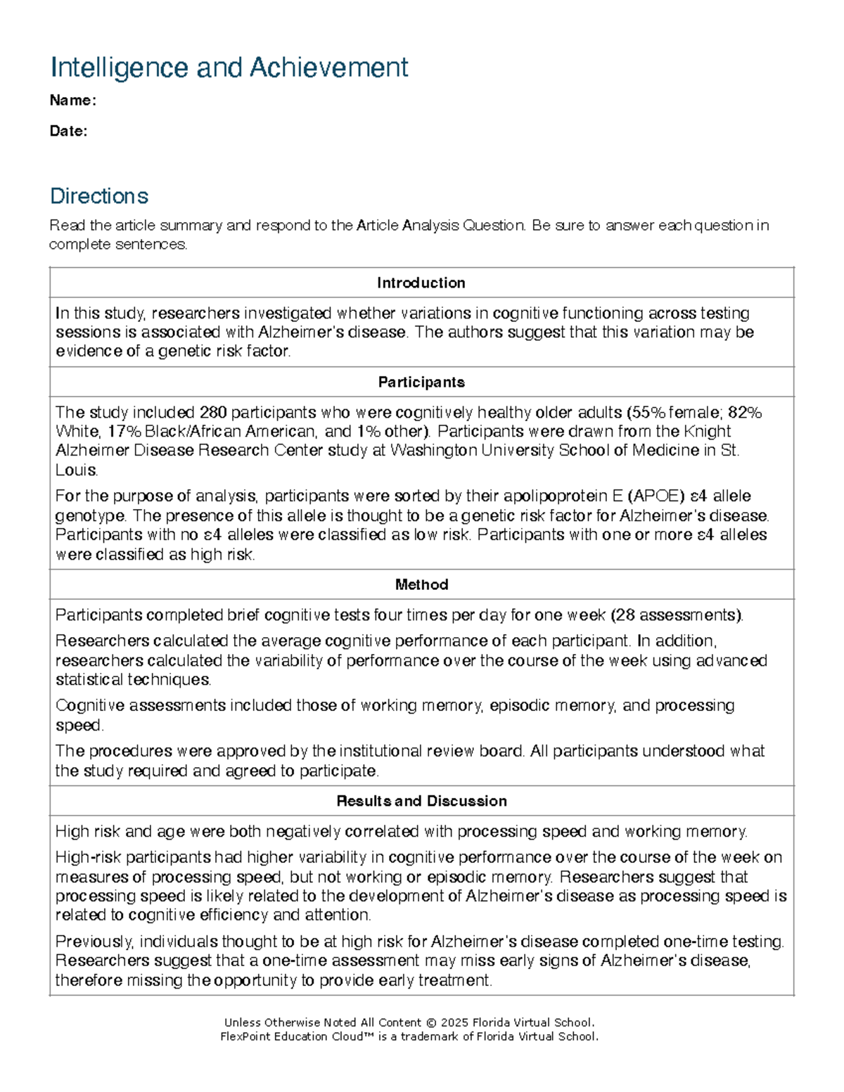 Intelligence and Achievement: Cognitive Functioning Study Analysis ...