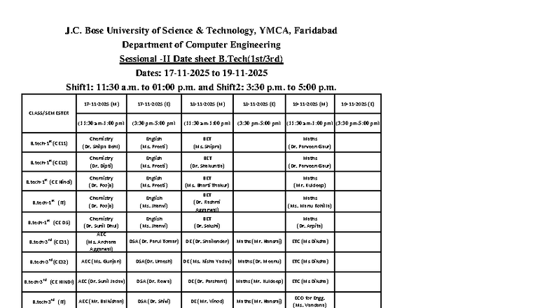 CE Sessional Date Sheet for 1st & 3rd Semesters - Nov 2025 - Studocu