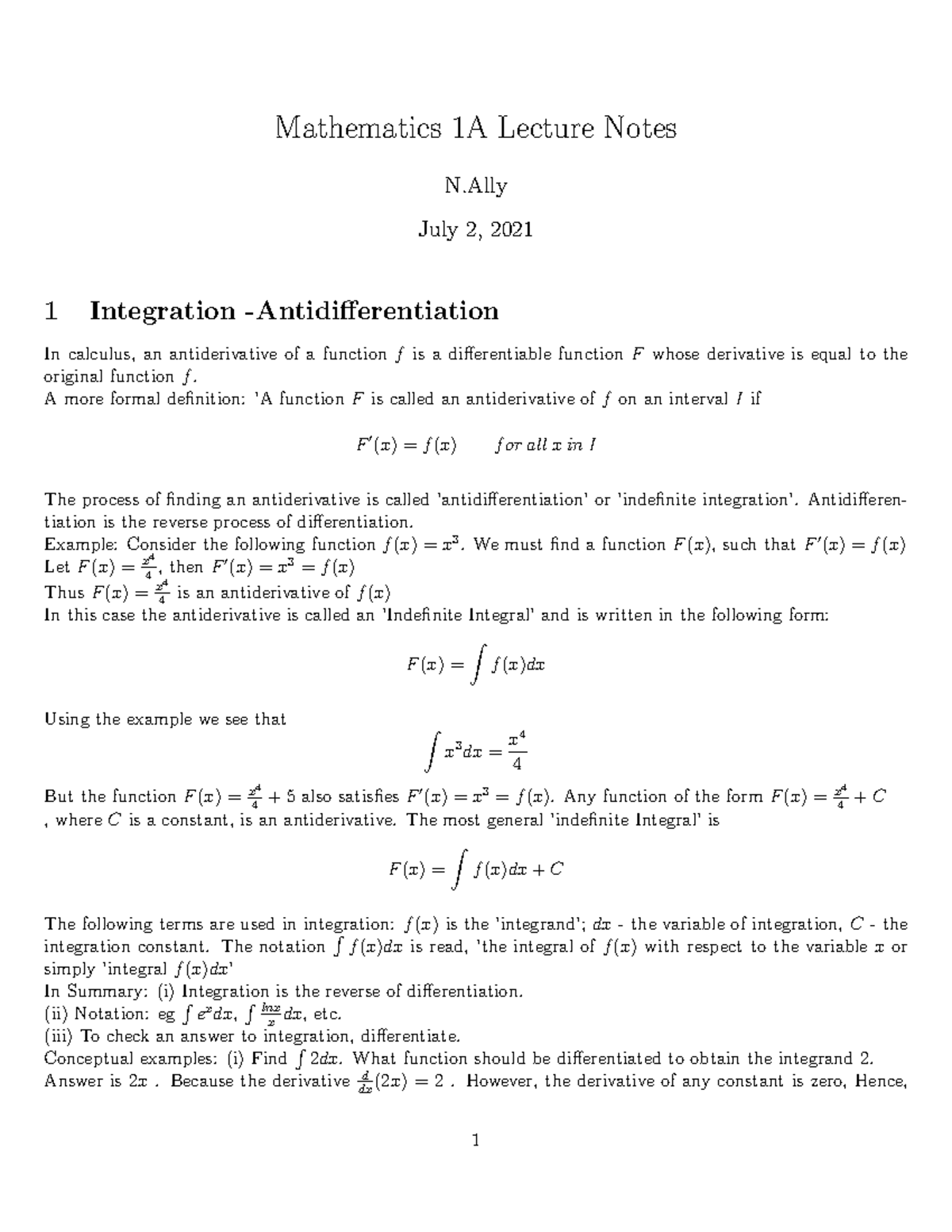 Mathematics 1A Integration Notes: Antidifferentiation & Examples - Studocu