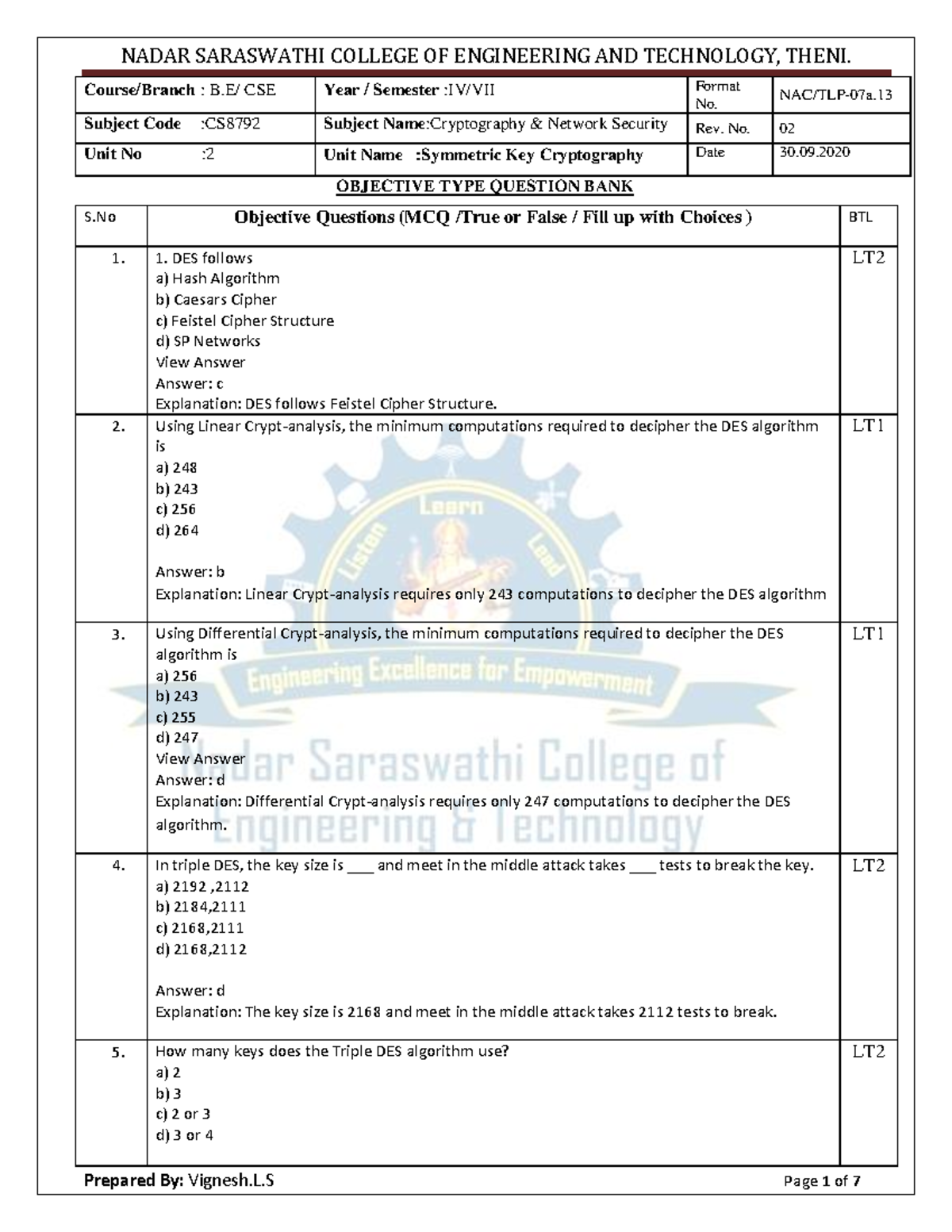 CS8792 - Cryptography & Network Security: Unit 2 MCQ Question Bank ...