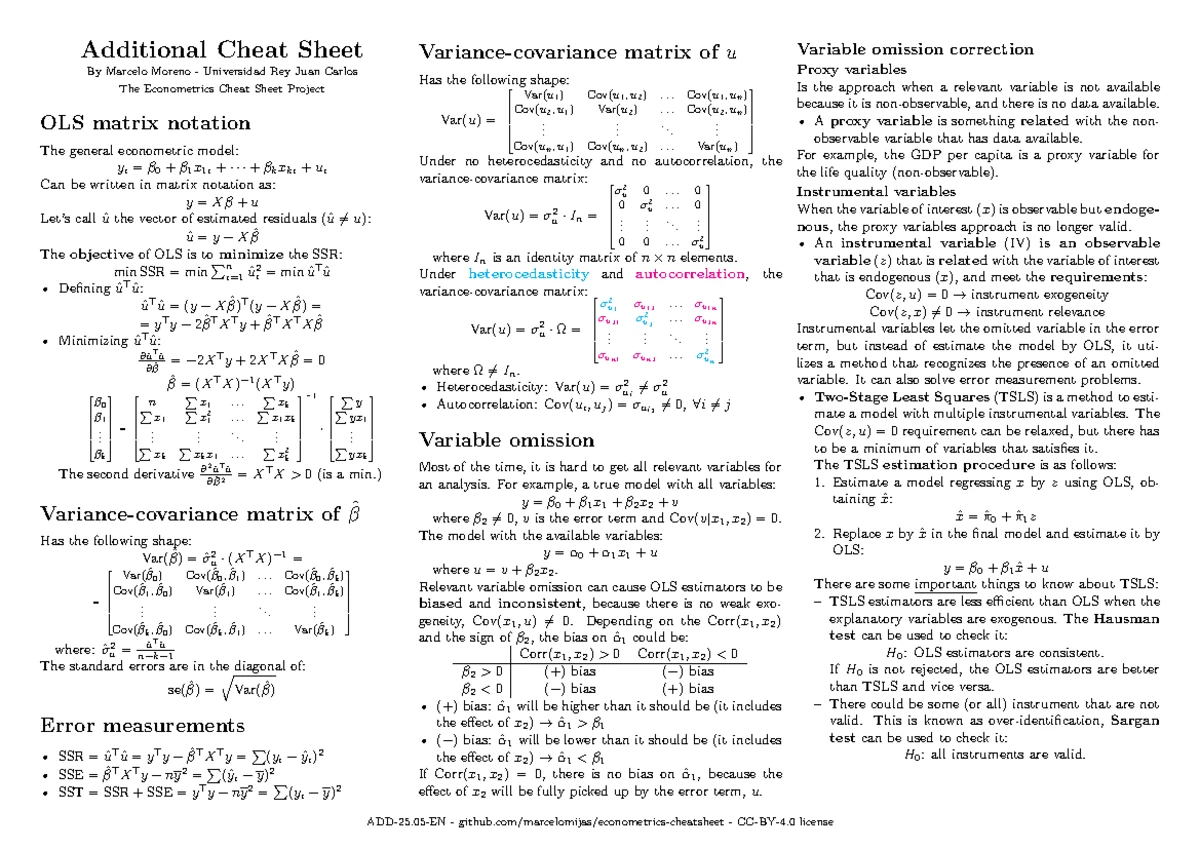 Econometrics Cheat Sheet: OLS Assumptions & Properties (ECO 101) - Studocu