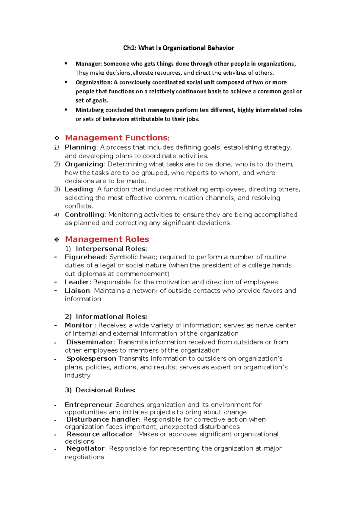 CH1 - Summary of Organizational Behavior Concepts and Management Roles ...