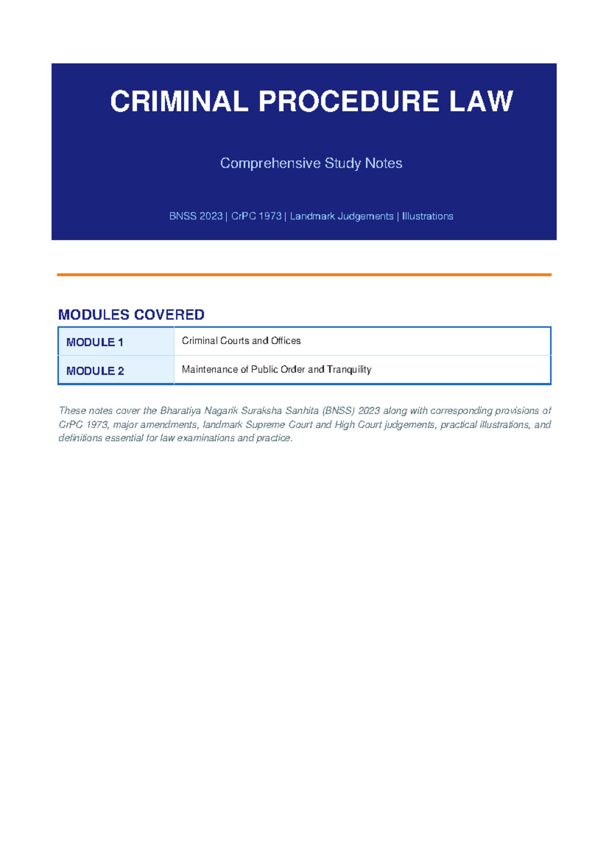 Criminal Procedure Law Study Notes: BNSS 2023 Modules 1 & 2 - Studocu
