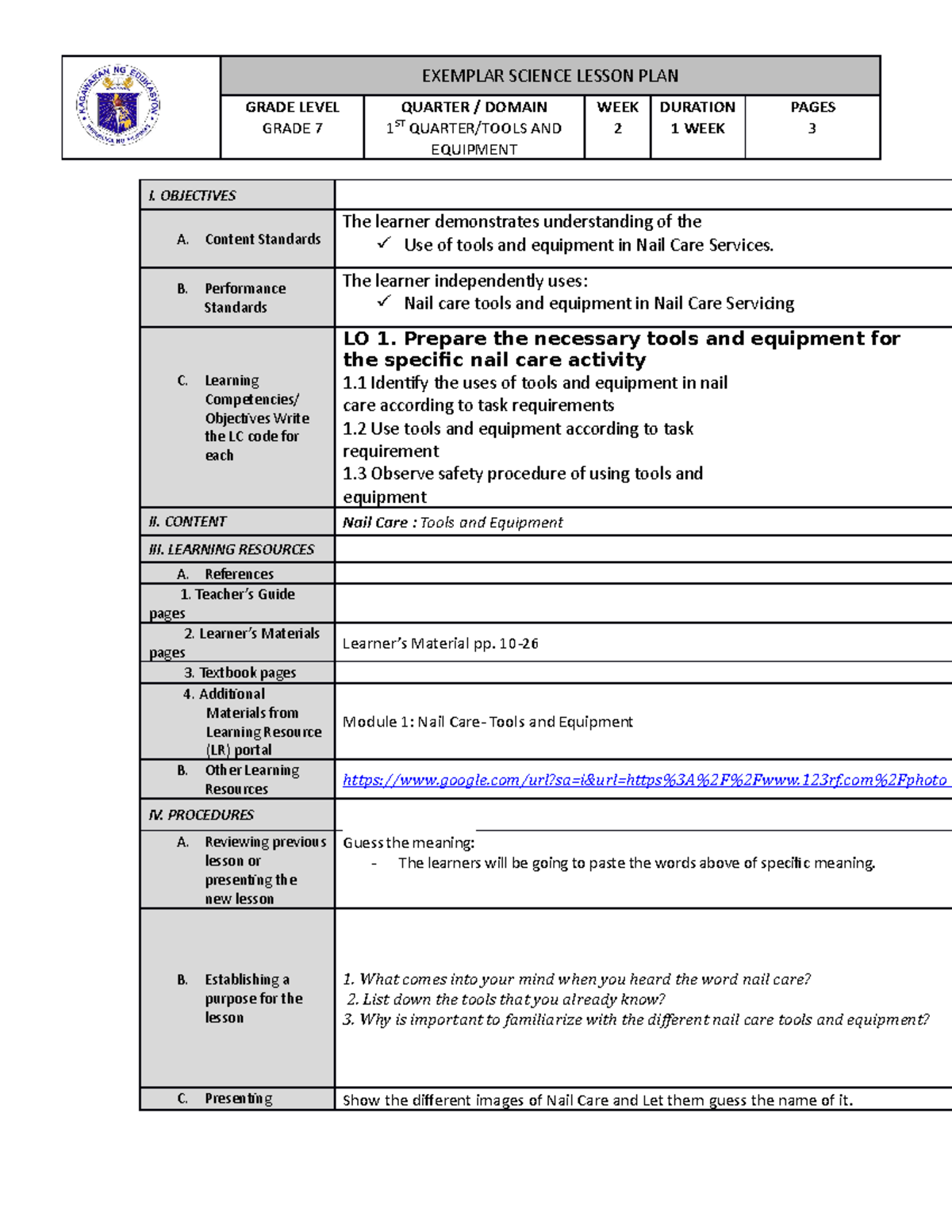 DLL TLE 7 - Exemplar Science Lesson Plan on Nail Care Tools & Equipment ...