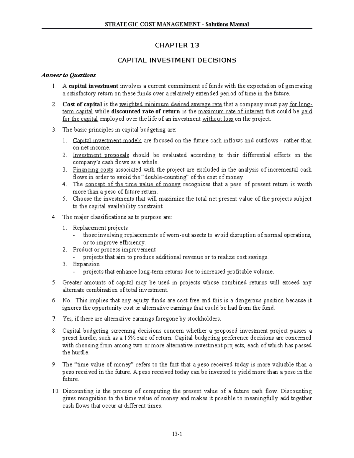 Chapter 13 - Strategic Cost Management: Capital Investment Decisions ...