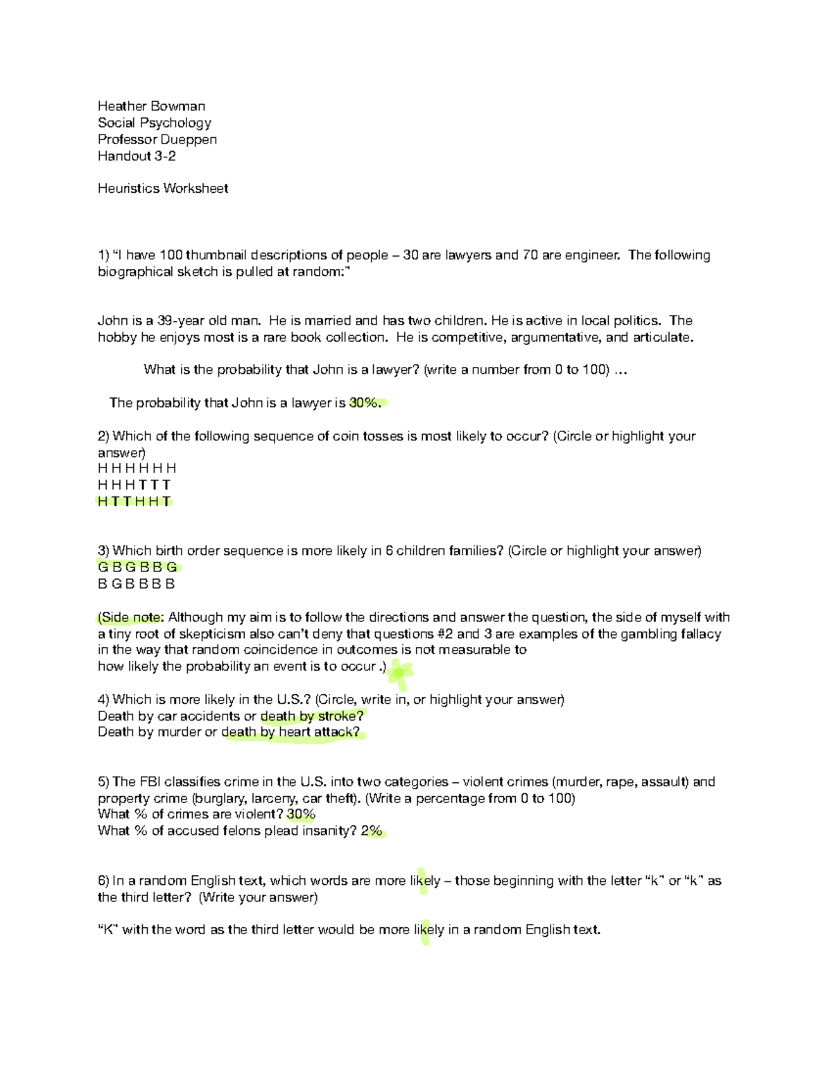 PSY 301 Heuristics Worksheet and Probability Analysis Handout - Studocu