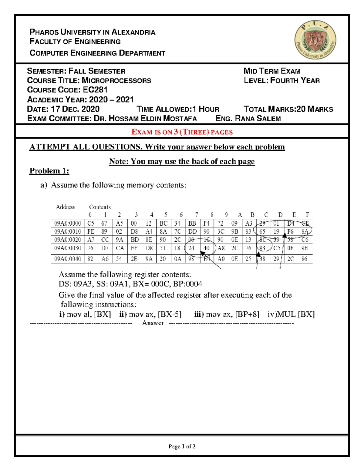 Microprocessors and Assembly Language (EC 281) - Fall Final Exam Review ...