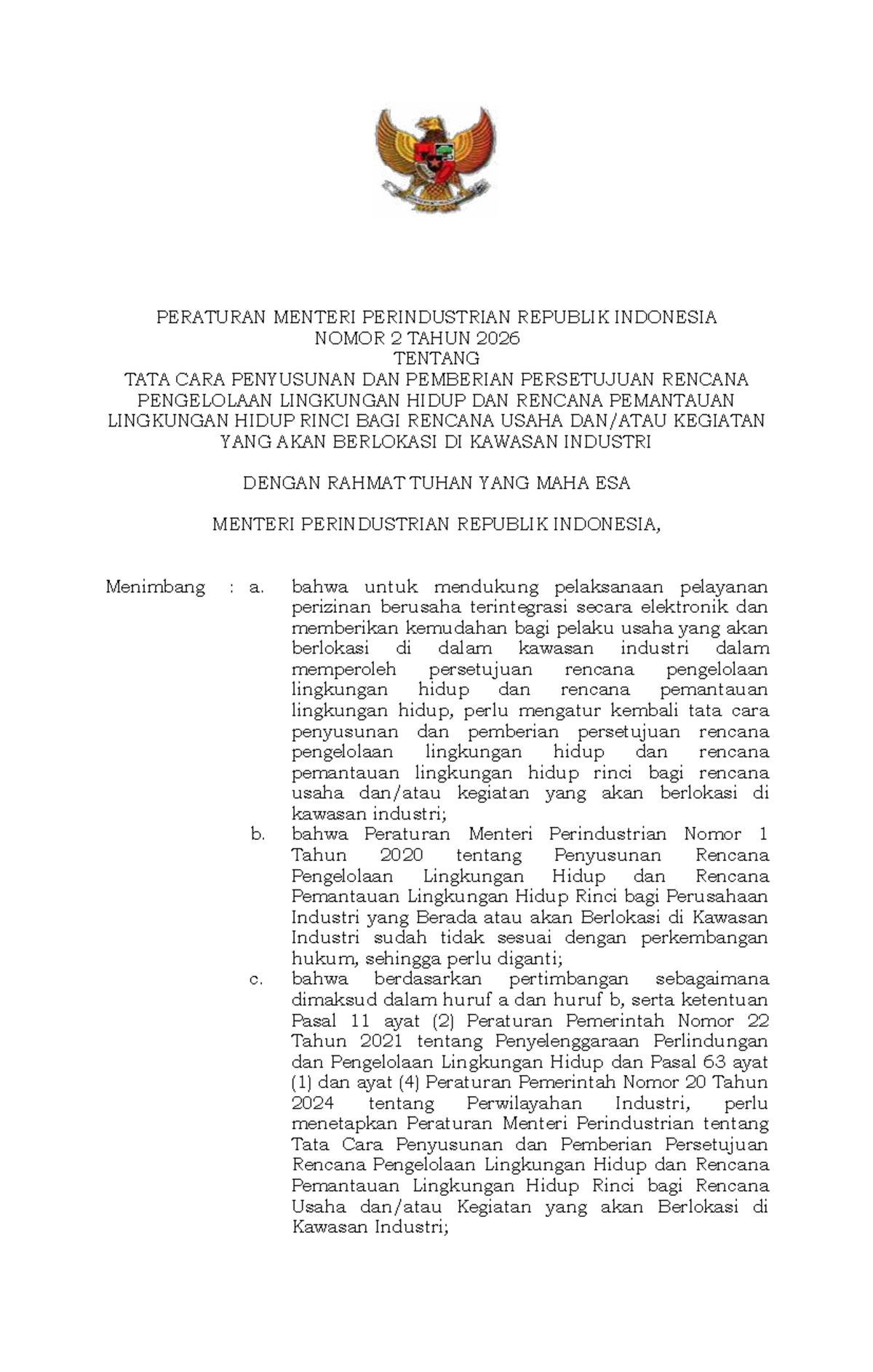 Permen Perin No 2 Tahun 2026: Tata Cara RKL dan RPL Rinci di Kawasan ...