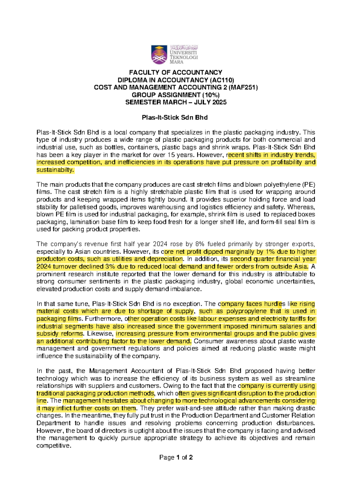 MAF251 Group Assignment: Cost & Management Accounting Analysis 2025 ...
