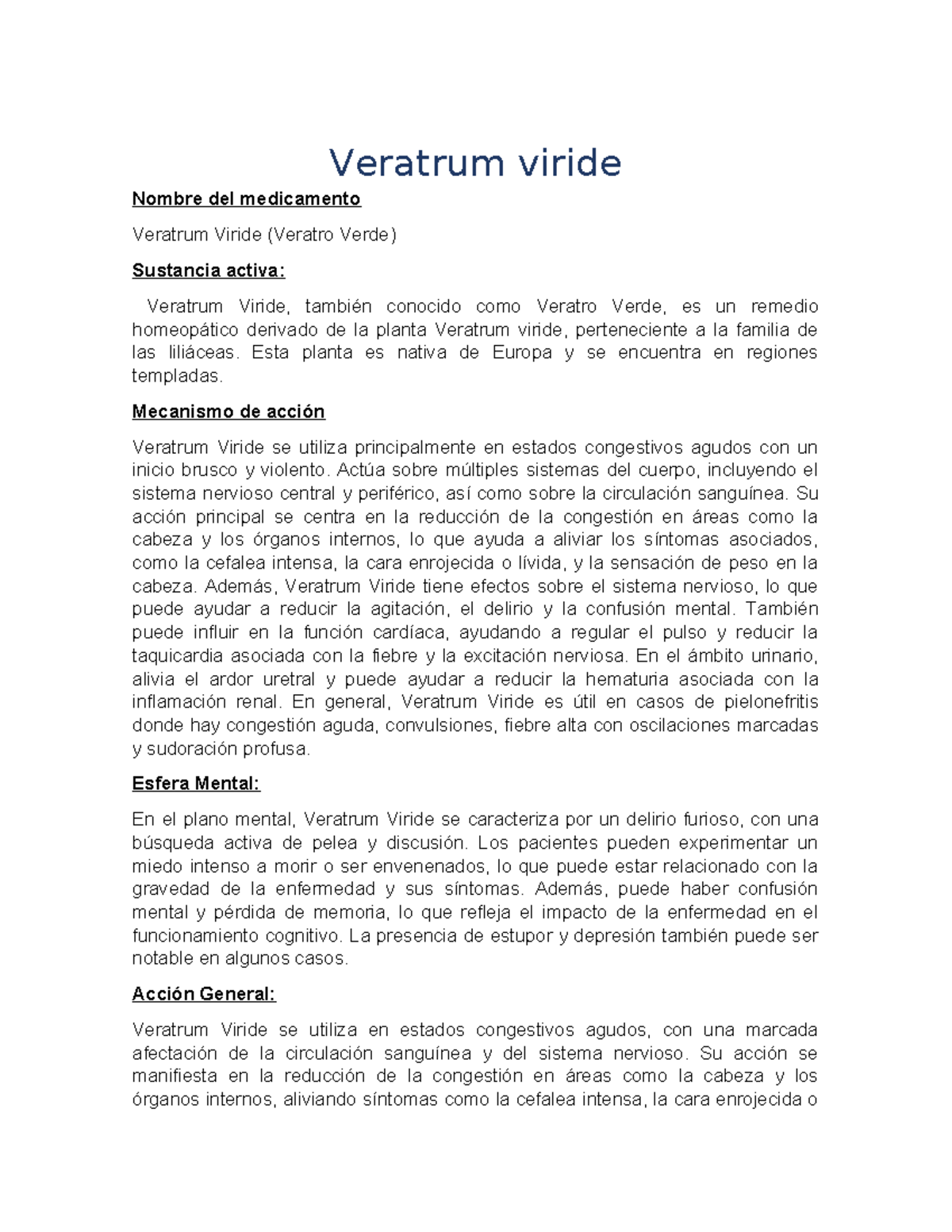 Resumen sobre Veratrum Viride: Propiedades y Mecanismos de Acción - Document Preview